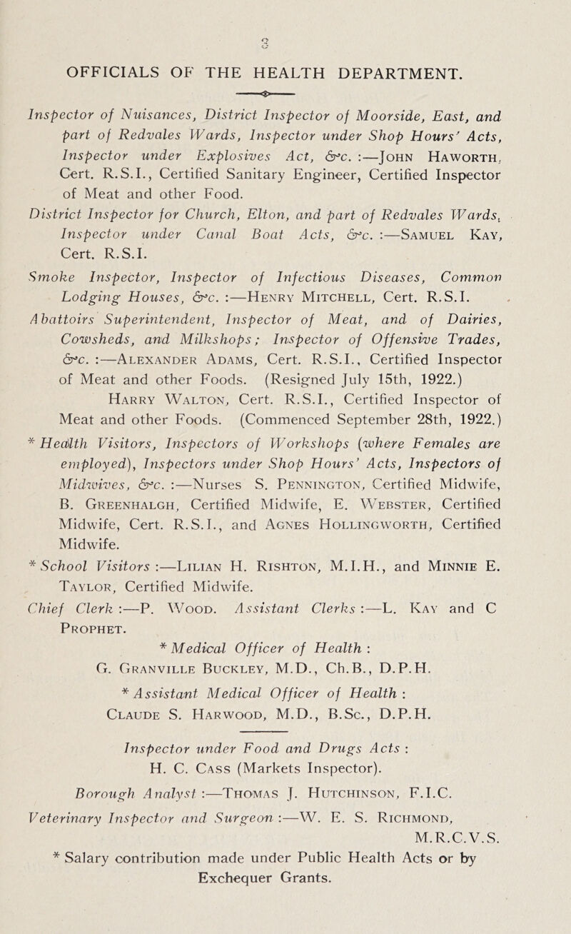 OFFICIALS OF THE HEALTH DEPARTMENT. ■■ <s> Inspector of Nuisances, District Inspector of Moorside, East, and part of Redvales Wards, Inspector under Shop Hours Acts, Inspector under Explosives Act, &^c. :—John Haworth, Cert. R.S.L, Certified Sanitary Engineer, Certified Inspector of Meat and other Food. District Inspector for Church, Elton, and part of Redvales Wards^ Inspector under Canal Boat Acts, &^c. :—Samuel Kay, Cert. R.S.L Smoke Inspector, Inspector of Infectious Diseases, Common Lodging Houses, &^c. :—Henry Mitchell, Cert. R.S.L A hattoirs Superintendent, Inspector of Meat, and of Dairies, Cowsheds, and Milkshops; Inspector of Offensive Trades, Crc. :—Alexander Adams, Cert. R.S.L, Certified Inspector of Meat and other Foods. (Resigned July 15th, 1922.) Harry Walton, Cert. R.S.L, Certified Inspector of Meat and other Foods. (Commenced September 28th, 1922.) HeaHth Visitors, Inspectors of Workshops (where Females are employed), Inspectors under Shop Hours’ Acts, Inspectors of Mid^mves, &=c. :—Nurses S. Pennington, Certified Midwife, B. Greenhalgh, Certified Midwife, E. Webster, Certified Midwife, Cert. R.S.L, and Agnes Hollingworth, Certified Midwife. ^School Visitors:—Lilian H. Rishton, M.I.H., and Minnie E. Taylor, Certified Midwife. Chief Clerk ;—P. Wood. Assistant Clerks :—L. Kay and C Prophet. * Medical Officer of Health: G. Granville Buckley, M.D., Ch.B., D.P.H. ^Assistant Medical Officer of Health: Claude S. Harwood, M.D., B.Sc., D.P.H. Inspector under Food and Drugs Acts : H. C. Cass (Markets Inspector). Borough Analyst :—Thomas J. Hutchinson, F.I.C. Veterinary Inspector and Surgeon :—W. E. S. Richmond, M.R.C.V.S. * Salary contribution made under Public Health Acts or by Exchequer Grants.