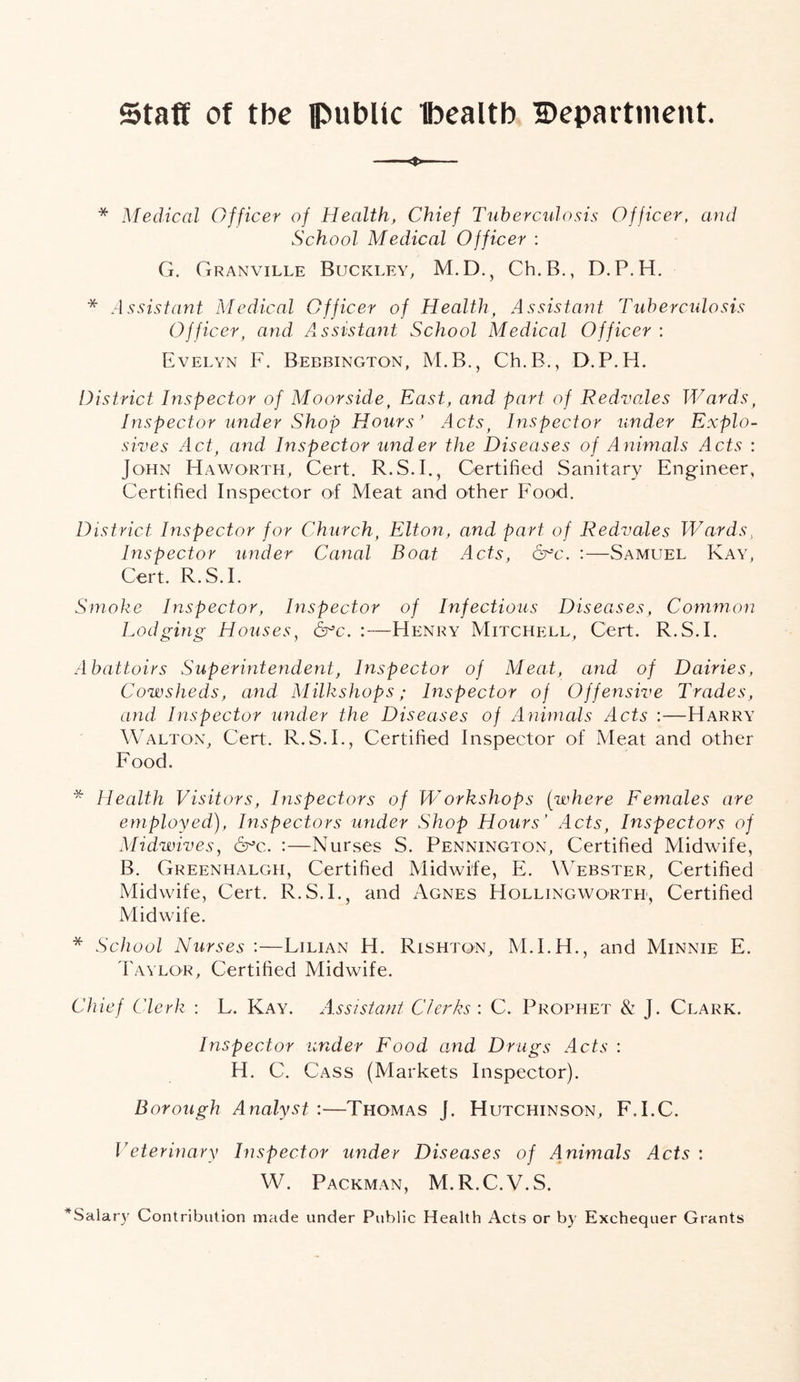 Staff of tbe public Ibealtb Department. - <S> * Medical Officer of Health, Chief Tuberculosis Officer, and School Medical Officer : G. Granville Buckley, M.D., Ch.B., D.P.H. * Assistant Medical Officer of Health, Assistant Tuberculosis Officer, and, A.ssistant School Medical Officer : Evelyn F. Bebbington, M.B., Ch.B., D.P.H. District Inspector of Moorside, East, and part of RedvoXes Wards, Inspector under Shop Hours’ Acts) Inspector under Explo- sives Act, and Inspector under the Diseases of Animals Acts : John Haworth, Cert. R.S.I., Certified Sanitary Engineer, Certified Inspector of Meat and other Food. District Inspector for Church, Elton, and part of Redvales Wards, Inspector under Canal Boat Acts, 6°c. :—Samuel Kay, Cert. R.S.I. Smoke Inspector, Inspector of Infectious Diseases, Common Lodging Houses, &c. :—Henry Mitchell, Cert. R.S.I. Abattoirs Superintendent, Inspector of Meat, and of Dairies, Cowsheds, and Milkshops; Inspector of Offensive Trades, and Inspector under the Diseases of Animals Acts :—Harry Walton, Cert. R.S.I., Certified Inspector of Meat and other Food. * Health Visitors, Inspectors of Workshops (where Females are employed), Inspectors under Shop Hours’ Acts, Inspectors of Midwives, 6°c. :—Nurses S. Pennington, Certified Midwife, B. Greenhalgh, Certified Midwife, E. Webster, Certified Midwife, Cert. R.S.I., and Agnes Hollingworth, Certified Midwife. * School Nurses :—Lilian H. Rishton, M.I.H., and Minnie E. Taylor, Certified Midwife. Chief Clerk : L. Kay. Assistant Clerks : C. Prophet & J. Clark. Inspector under Food and Drugs Acts : H. C. Cass (Markets Inspector). Borough Analyst :—Thomas J. Hutchinson, F.I.C. Veterinary Inspector under Diseases of Animals Acts : W. Packman, M.R.C.V.S. *Salary Contribution made under Public Health Acts or by Exchequer Grants