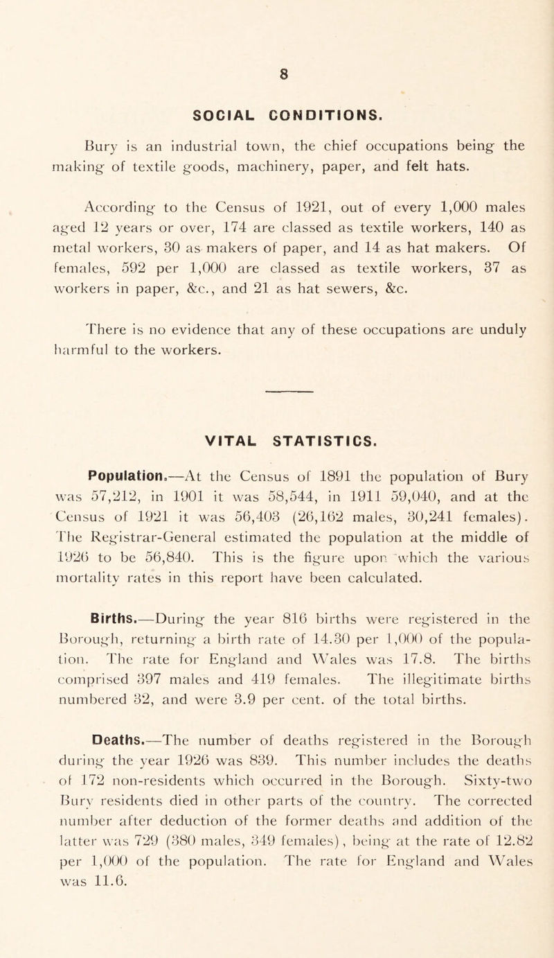 SOCIAL CONDITIONS. Bury is an industrial town, the chief occupations being the making of textile goods, machinery, paper, and felt hats. According to the Census of 1921, out of every 1,000 males aged 12 years or over, 174 are classed as textile workers, 140 as metal workers, 30 as makers of paper, and 14 as hat makers. Of females, 592 per 1,000 are classed as textile workers, 37 as workers in paper, &c., and 21 as hat sewers, &c. There is no evidence that any of these occupations are unduly harmful to the workers. VITAL STATISTICS. Population.—At the Census of 1891 the population of Bury was 57,212, in 1901 it was 58,544, in 1911 59,040, and at the Census of 1921 it was 56,403 (26,162 males, 30,241 females). The Registrar-General estimated the population at the middle of 1926 to be 56,840. This is the figure upon 'which the various mortality rates in this report have been calculated. Births.—During the year 816 births were registered in the Borough, returning a birth rate of 14.30 per 1,000 of the popula- tion. The rate for England and Wales was 17.8. The births comprised 397 males and 419 females. The illegitimate births numbered 32, and were 3.9 per cent, of the total births. Deaths.—The number of deaths registered in the Borough during the year 1926 was 839. This number includes the deaths of 172 non-residents which occurred in the Borough. Sixty-two Bury residents died in other parts of the country. The corrected number after deduction of the former deaths and addition of the latter was 729 (380 males, 349 females), being at the rate of 12.82 per 1,000 of the population. The rate for England and Wales was 11.6.
