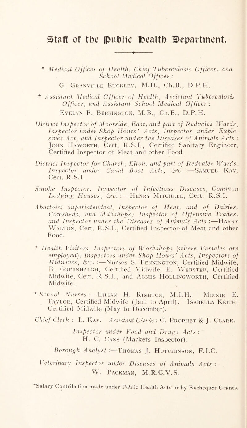 Staff of tbe public Ibealtb Department. * Medical Officer of Health, Chief Tuberculosis Officer, and School Medical Officer : G. Granville Buckley, M.D., Ch.B., D.P.H. * Assistant Medical Officer of Health, Assistant Tuberculosis Officer, and Assistant School Medical Officer : Evelyn F. Bebbington, M.B., Ch.B., D.P.H. District Inspector of Moorside, East, and part of Redvales Wards, Inspector under Shop Hours’ Acts, Inspector under Explo- sives Act, and Inspector under the Diseases of Animals Acts : John Haworth, Cert. R.S.I., Certified Sanitary Engineer, Certified Inspector of Meat and other Food. District Inspector for Church, Elton, and part of Redvales Wards, Inspector under Canal Boat Acts, 6°c. :—Samuel Kay, Cert. R.S.I. Smoke Inspector, Inspector of Infectious Diseases, Common Lodging Houses, 6°c. :—Henry Mitchell, Cert. R.S.I. Abattoirs Superintendent, Inspector of Meat, and of Dairies, Cowsheds, and Milkshops ; Inspector of Offensive Trades, and Inspector under the Diseases of Animals Acts :—Harry Walton, Cert. R.S.I., Certified Inspector of Meat and other Food. * Health Visitors, Inspectors of Workshops (where Females are employed), Inspectors under Shop Hours’ Acts, Inspectors of Midwives, 6°c. :—Nurses S. Pennington, Certified Midwife, B. Greenhalgh, Certified Midwife, E. Webster, Certified Midwife, Cert. R.S.I., and Agnes Hollingworth, Certified Midwife. * School Nurses :—Lilian H. Rishton, M.I.H. Minnie F. Taylor, Certified Midwife (Jan. to April). Isabella Keith, Certified Midwife (May to December). Chief Clerk : L. Kay. Assistant Clerks'. C. Prophet & j. Clark. Inspector under Food and Drugs Acts : H. C. Cass (Markets Inspector). Borough Analyst :—Thomas [. Hutchinson, F.I.C. Veterinary Inspector under Diseases of Animals Acts : W. Packman, M.R.C.V.S. Salary Contribution made under Public Health Acts or by Exchequer Grants.