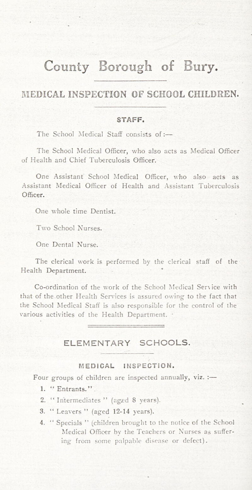 MEDICAL INSPECTION OF SCHOOL CHILDREN. STAFF. The School Medical Staff consists of:— The School Medical Officer, who also acts as Medical Officer of Health and Chief Tuberculosis Officer. One Assistant School Medical Officer, who also acts as Assistant Medical Officer of Health and Assistant Tuberculosis Officer. One whole time Dentist. Two School Nurses. One Dental Nurse. The clerical work is performed by the clerical staff of the Health Department. Co-ordination of the work of the School Medical Ser\ ice with that of the.other Health Ser^dces is assured owing to the fact that the School Medical Staff is also responsible for the control of the various activities of the Health Department. - ELEMENTARY SCHOOLS. MEDICAL H^SPECTiON. Four groups of children are inspected annually, viz. :— 1. “ Entrants. ” 2. “ Intermediates ” (aged 8 years). 3. “ Leavers ” (aged 12-14 years). 4. “ Specials ” (children brought to the notice of the .School Medical Officer by the Teachers or Nurses as suffer- ing from some palpable disease or defect).