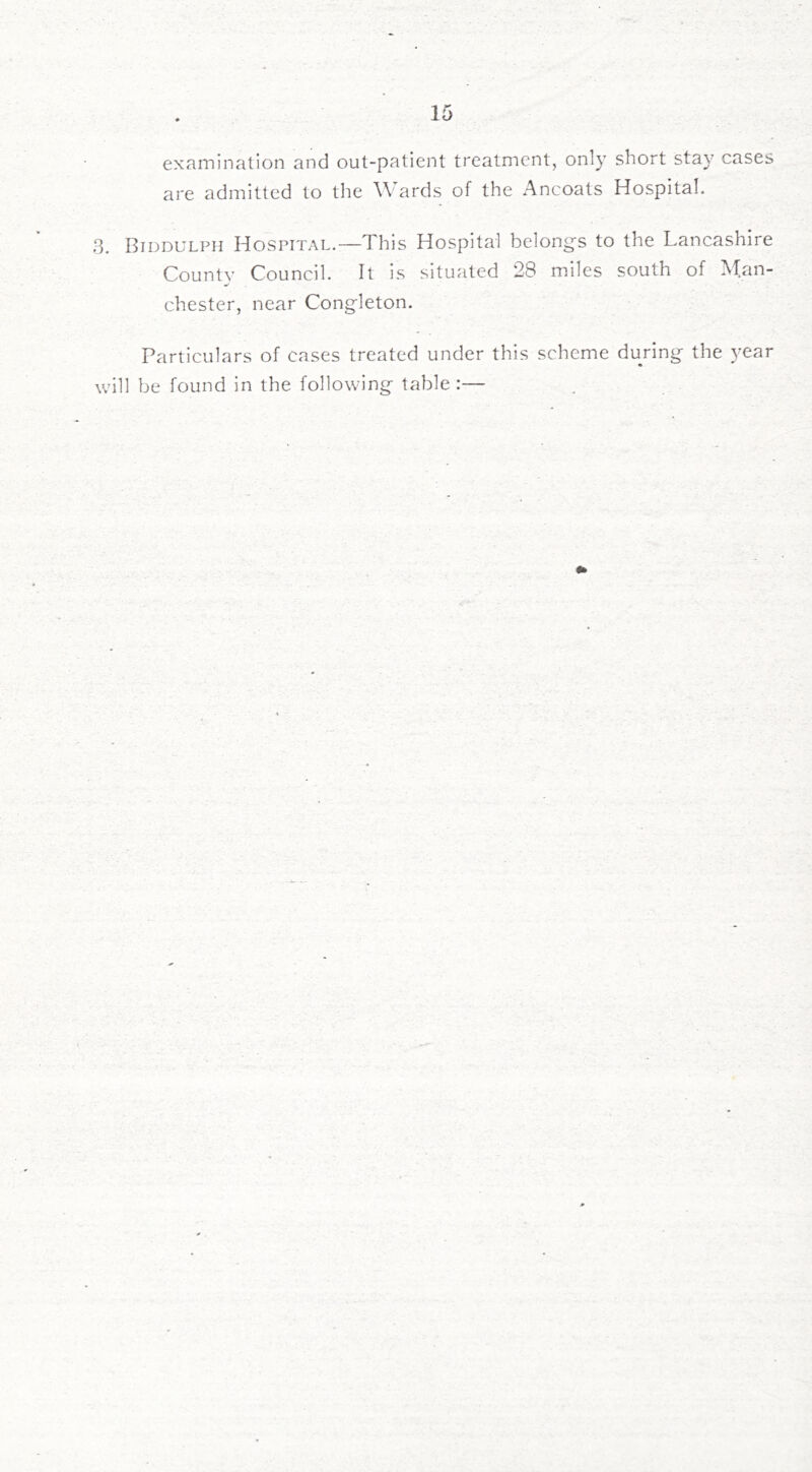 examination and out-patient treatment, only short stay cases are admitted to tlie W ards of the Ancoats Hospital. 3. Biddulph Hospital.—This Hospital belongs to the Lancashire County Council. It is situated 28 miles south of Man- chester, near Congleton. Particulars of cases treated under this scheme duying the year will be found in the following table:—
