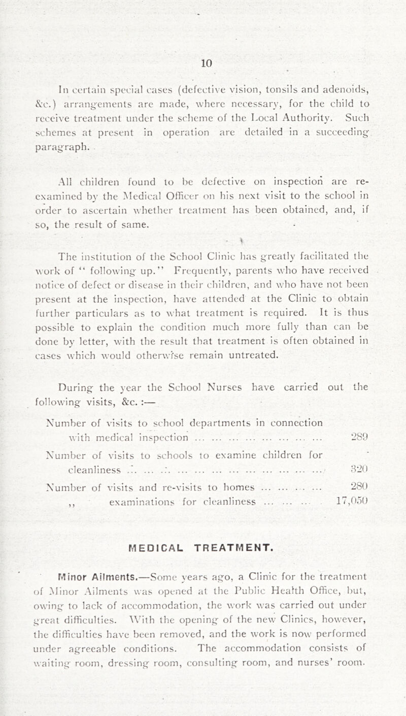 In certain spei'ial cases (defective vision, tonsils and adenoids, ^’c.) arrangements arc made, where necessary, for the child to receive treatment under the sclieme of the Local Authority. Such schemes at present in operation are detailed in a succeeding paragraph. All children found to be defective on inspection are re- examined by the Medical Officer on his next visit to the school in order to ascertain whether treatment has been obtained, and, if so, the result of same. - ^ The institution of the School Clinic has greatly facilitated the work of “ following- up.” Frequently, parents who have received notice of defect or disease in their children, and who have not been present at the inspection, have attended at the Clinic to obtain further particulars as to what treatment is required. It is thus possible to explain the condition much more fully than can be done by letter, with the result that treatment is often obtained in cases which would otherwise remain untreated. During- the year the School Nurses have carried out the following- visits, 8zc. :— Number of visits to school departments in connection with medical inspection 289 Number of visits to schools to examine children for cleanliness .i 820 Number of visits and re-visits to homes 280 ,, examinations for cleanliness liyOoO MEDICAL TREATMENT. Minor Ailments.—Some years ag-o, a Clinic for the treatment of Minor Ailments was opened at the Public Health Office, but, owing^ to lack of accommodation, the work was carried out under great difficulties. With the opening- of the new Clinics, however, the diffiiculties have been removed, and the work is now performed under agreeable conditions. The accommodation consists of waiting- room, dressing room, consulting room, and nurses’ room.