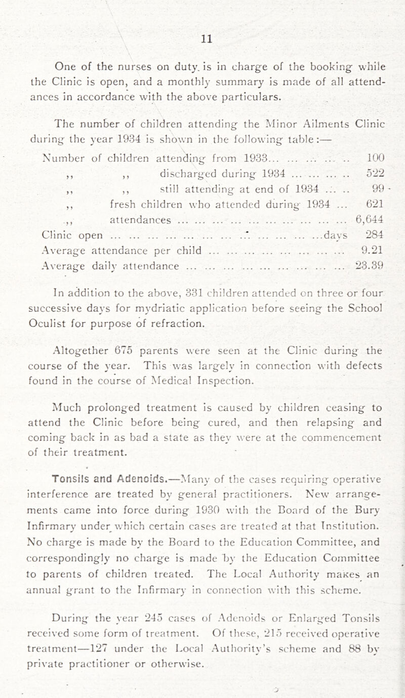 . ■ • \ . ; . ■ , • One of the nurses on duty, is in charge of the booking while the Clinic is open, and a monthly summary is made of all attend- ances in accordance with the above particulars. The number of children attending the Minor Ailments Clinic during the year 1934 is shown in the following table :— Number of children attending from 1933 - 100 ,, ,, discharged during 1934 ..... 522 ,, ,, still attending at end of 1934 .:. .. 99 ,, fresh children who attended during 1934 ... 621 .,, attendances 6,644 Clinic open A days 284 Average attendance per child 9.21 Average daily attendance 23.39 In addition to the above, 331 children attended on three or four successive days for mydriatic application before seeing the School Oculist for purpose of refraction. Altogether 675 parents were seen at the Clinic during the course of the year. This was largely in connection with defects found in the course of Medical Inspection. Much prolonged treatment is caused by children ceasing to attend the Clinic before being cured, and then relapsing and coming back in as bad a state as they were at the commencement of their treatment. * Tonsils and Adenoids.—Many of the cases requiring operative interference are treated by general practitioners. New arrange- ments came into force during 1930 with the Board of the Bury Infirmary under which certain cases are treated at that Institution. No charge is made by the Board to the Education Committee, and correspondingly no charge is made by the Education Committee to parents of children treated. The Local Authority makes an annual grant to the Infirmary in connection with this scheme. During the year 245 cases of Adenoids or Enlarged Tonsils received some form of treatment. Of these, 215 received operative treatment—127 under the Local Authoritv’s scheme and 88 bv * 0 private practitioner or otherwise.