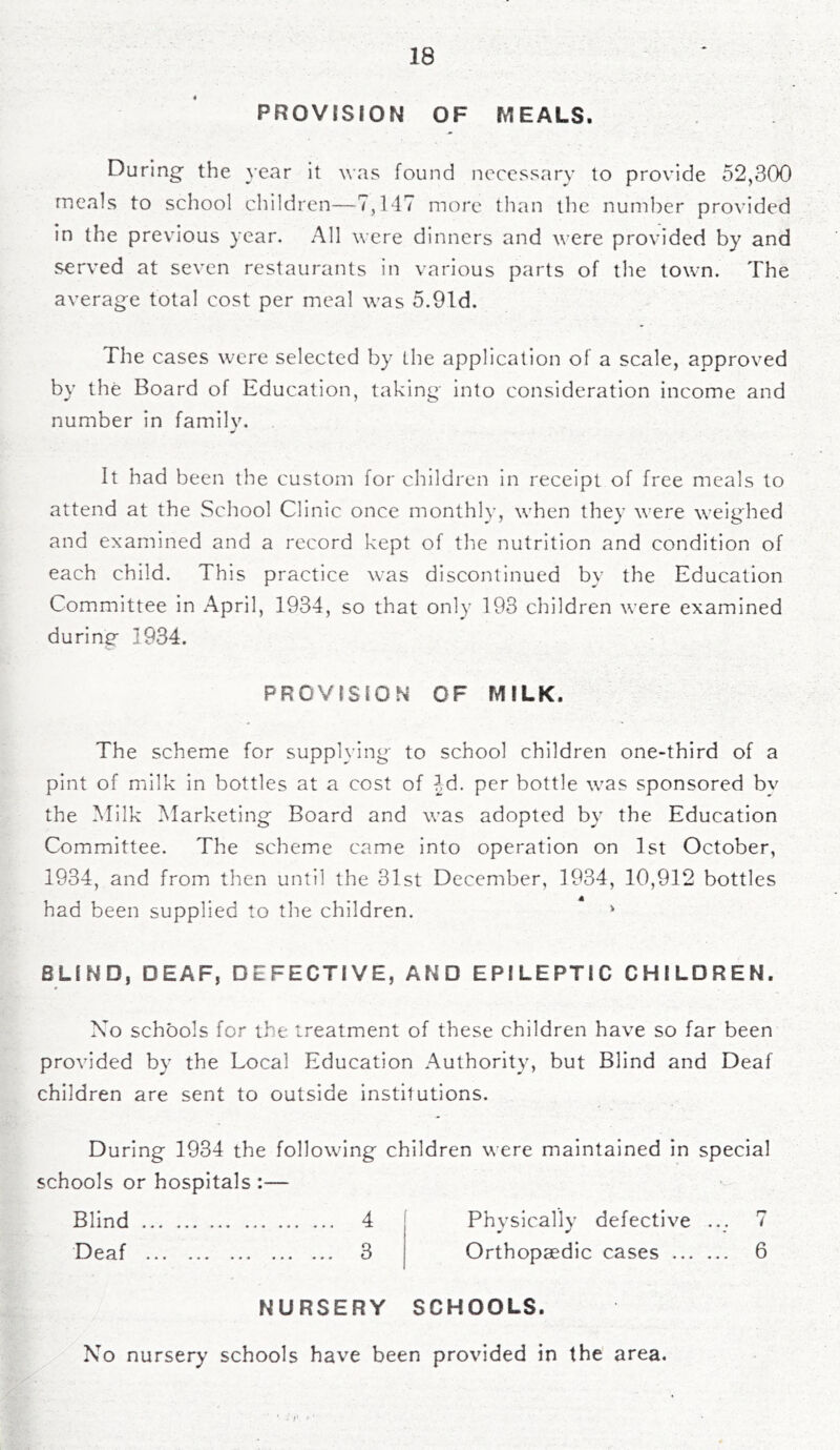 PROVISION OF MEALS. During the year it was found necessary to provide 52,300 meals to school children—7,147 more than the number provided in the previous year. All were dinners and were provided by and served at seven restaurants in various parts of the town. The average total cost per meal was 5.Old. The cases were selected by the application of a scale, approved by the Board of Education, taking into consideration income and number in family. It had been the custom for children in receipt of free meals to attend at the School Clinic once monthly, when they were weighed and examined and a record kept of the nutrition and condition of each child. This practice was discontinued by the Education Committee in April, 1934, so that only 193 children were examined during 1934. PROVISION OF MILK. The scheme for supplying to school children one-third of a pint of milk in bottles at a cost of Jd. per bottle was sponsored by the Milk Marketing Board and was adopted by the Education Committee. The scheme came into operation on 1st October, 1934, and from then until the 31st December, 1934, 10,912 bottles had been supplied to the children. ‘ BLIND, DEAF, DEFECTIVE, AND EPILEPTIC CHILDREN. No schools for the treatment of these children have so far been provided by the Local Education Authority, but Blind and Deaf children are sent to outside institutions. During 1934 the following children were maintained in special schools or hospitals:— Blind 4 Physically defective ... 7 Deaf 3 Orthopaedic cases 6 NURSERY SCHOOLS. No nursery schools have been provided in the area.