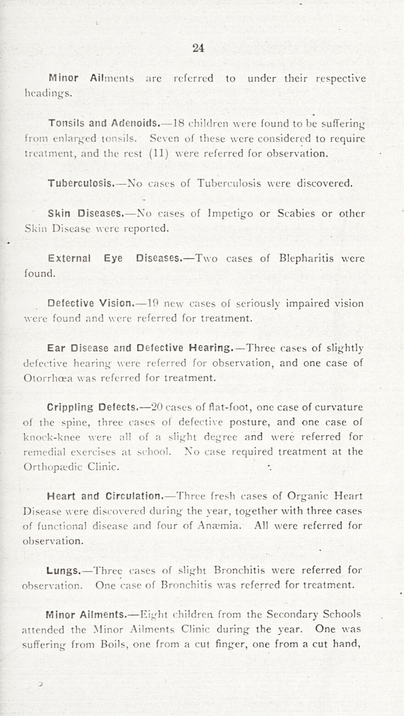 Minor Ail mcnts arc referred to under their respective headings. Tonsils and Adenoids.—18 clhldrcn were found to be suffering from enlarged tonsils. Seven of these were considered to require treatment, and tlie rest (11) were referred for observation. Tuberculosis.—No cases of Tuberculosis were discovered. Skin Diseases.—No cases of Impetig^o or Scabies or other Skin Disease were reported. Externa! Eye Diseases.—Two cases of Blepharitis were found. Defective Vision.—19 new cases of seriously impaired vision were found and were referred for treatment. Ear Disease and Defective Hearing—Three cases of slightly defective hearing were referred for observation, and one case of Otorrhoea was referred for treatment. Crippling Defects.—20 cases of flat-foot, one case of curvature of the spine, three cases of defective posture, and one case of kno('k-knee were all of a slight degree and were referred for remedial exercises at school. No case required treatment at the Orthoptedic Clinic. Heart and Circulation.—Three fresh cases of Organic Heart Disease were discovered during the year, together with three cases of functional disease and four of Anmmia. All were referred for observation. Lungs.—'bhree cases of slig'ht Bronchitis were referred for observation. One (xise of Bronchitis was referred for treatment. Minor Ailments.—Elgin ('hildreii from the Secondary Schools attended the Minor Ailments Clinic during the year. One was suffering- from Boils, one from a cut finger, one from a cut hand, i o