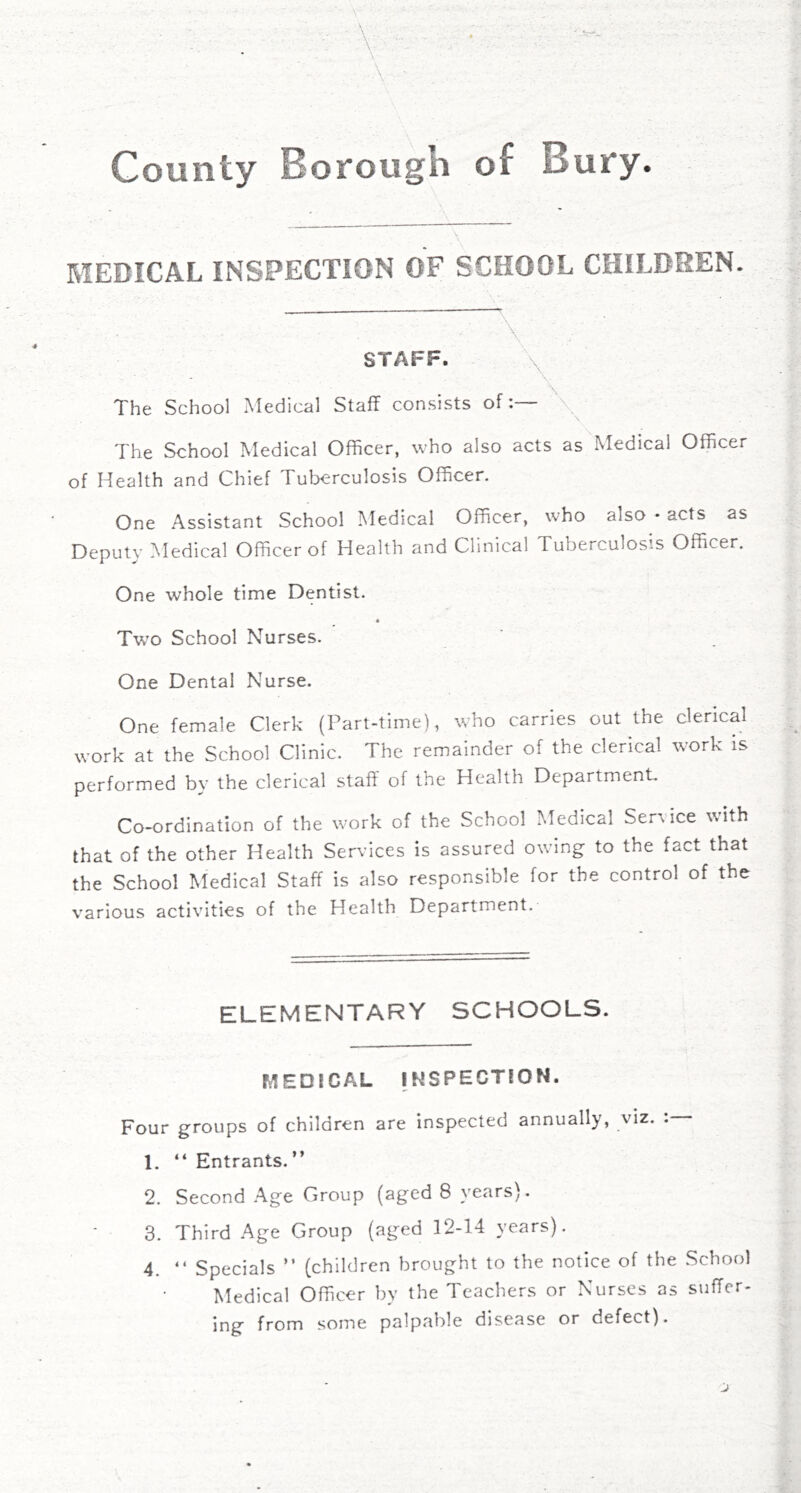 MEDICAL INSPECTION OF SCHOOL CHILDREN. STAFF. The School Medical Staff consists of:— The School Medical Officer, who also acts as Medical Officer of Health and Chief Tuberculosis Officer. One Assistant School Medical Officer, who also • acts as Deputy Medical Officer of Health and Clinical Tuberculosis Officer. One whole time Dentist. Two School Nurses. One Dental Nurse. One female Clerk (Part-time), who carries out the clerical work at the School Clinic. The remainder of the clerical work is performed by the clerical staff of the Health Department. Co-ordination of the work of the School Medical Service with that of the other Health Services is assured owing to the fact that the School Medical Staff is also responsible for the control of the various activities of the Health Department. ELEMENTARY SCHOOLS. MEDICAL INSPECTION. Four groups of children are inspected annually, viz. : 1. “ Entrants. ” 2. Second Age Group (aged 8 years). 3. Third Age Group (aged 12-14 years). 4. “ Specials ” (children brought to the notice of the School Medical Officer by the Teachers or Nurses as suffer- ing from some palpable disease or defect).