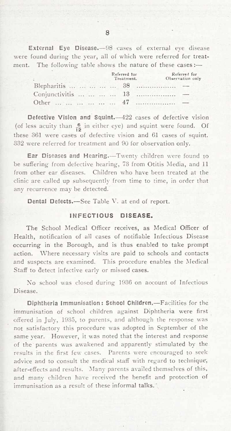 External Eye Disease.—98 cases of external eye disease were found during- the year, all of which were referred for treat- ment. The following- table shows the nature of these cases:— Referred tor Referred for : Treatment. Observation only Blepharitis 38 Conjunctivitis 13 Other ... 47 Defective Vision and Squint.—422 cases of defective vision (of less acuity than ^ in either eye) and squint were found. Of these 361 were cases of defective vision and 61 cases of squint. 332 were referred for treatment and 90 for observation only. Ear Diseases and Hearing.—Twenty children were found to be suffering from defective hearing, 73 from Otitis Media, and 11 from other ear diseases. Children who have been treated at the clinic are called up subsequently from time to time, in order that any recurrence may be detected. Dental Defects.—See Table ^ . at end of report. INFECTIOUS DISEASE. The School Medical Officer receives, as Medical Officer of Health, notification of all cases of notifiable Infectious Disease occurring in the Borough, and is thus enabled to take prompt action. Where necessary visits are paid to schools and contacts and suspects are examined. This procedure enables the Medical Staff to detect infective early or missed cases. Xo school was closed during 1936 on account of Infectious Disease. Diphtheria Immunisation: School Children.—Facilities for the immunisation of school children against Diphtheria were first offered in July, 1935, to parents, and although the response was not satisfactory this procedure was adopted in September of the same year. However, it was noted that the interest and response of the parents was awakened and apparently stimulated by the results in the first few cases. Parents were encouraged to seek advice and to consult the medical staff with regard to technique, after-effects and results. Many parents availed themselves of this, and many children have received the benefit and protection of immunisation as a result of these informal talks.'