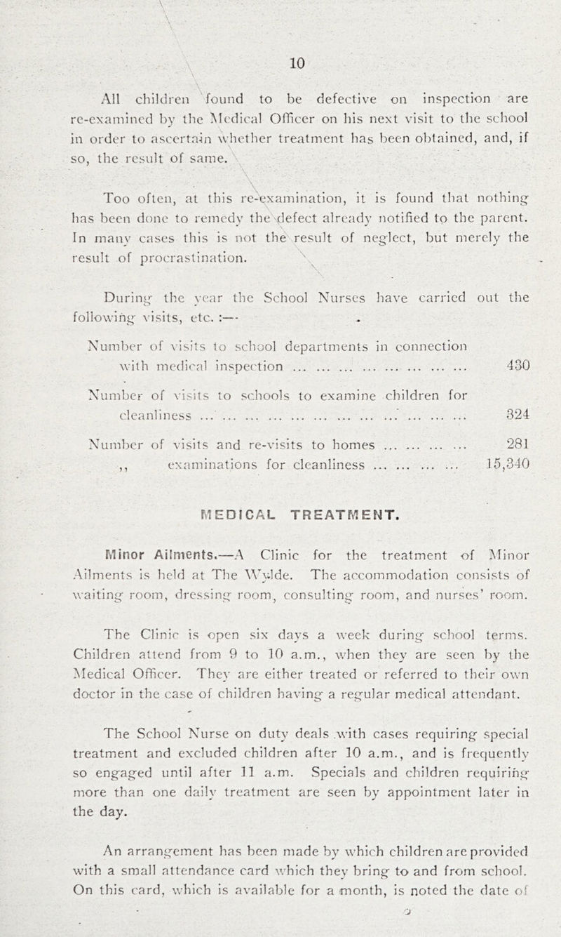 All children ^found to be defective on inspection are re-examined by the Medical Officer on his next visit to the school in order to ascertnhi whether treatment has been obtained, and, if so, the result of same.\ Too often, at this re-examination, it is found that nothing has been done to remedy the Mefect already notified to the parent. In manv cases this is not the result of neglect, but merely the result of procrastination. \ Durinrr the vear the School Nurses have carried out the o « following visits, etc. :— Number of visits to school departments in connection with medical inspection 430 Number of visits to schools to examine children for cleanliness ... 324 Number of visits and re-visits to homes 281 ,, examinations for cleanliness ... 15,340 MEDICAL TREATMENT, Minor Ailments.—A Clinic for the treatment of Minor .Vilments is held at The \\^};]de. The accommodation consists of waiting room, dressing room, consulting room, and nurses’ room. The Clinic is open six days a week during school terms. Children attend from 9 to 10 a.m., when they are seen by the Medical Officer. They are either treated or referred to their own doctor in the case of children having a regular medical attendant. The School Nurse on duty deals .with cases requiring special treatment and excluded children after 10 a.m., and is frequently so engaged until after 11 a.m. Specials and children requiring more than one daily treatment are seen by appointment later in the day. An arrangement has been made by which children are provided with a small attendance card which thev bring to and from school. On this card, which is available for a month, is noted the date of