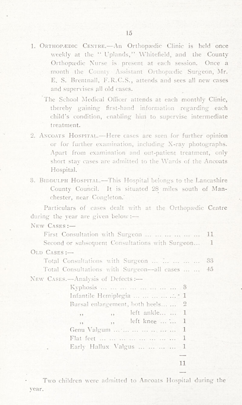 1. ORTHOPyiiDic CENTRE..—An Orthopaedic Clinic is hcltl once weekly at tlie “ I'plancls,” Wdiitefield, and the County Orthopaedic Nurse is present at caclt session. Once a month the County Assistant Orthr>pa-dic Surgeon, Mr. E. S. Brentnall, E.R.C.S., attends and sees all new cases and supervises pll old ('ases. The School IMedical Ofi'icer attends at each monthh' Clinic, tliereby gaining first-hand information regarding each child’s condition, enabling him to supervise intermediate treatment. 2. Ancoats Hospital.—Here cases are seen for further opinion or for further examination, including X-rav photogTaphs. Apart from examination and out-patient treatment, only short stav cases are admitted to the Wards of the Ancoats Hospital. 3. Biddulph Hospital.—'This Hospital belong-s to the Lancashire County Council. It is situated 28 miles south of Man- chester, near Cong'leton.' Particulars of cases dealt with at the OrthopaMic Centre during the }’ear are given below :— New Cases:— First Consultation with Surgeon , 11 Second or subsequent Consultations with Surg'eon... 1 Old Cases :— Total Consultations with Surgeon ... .' 33 Total Consultaticms with Surgeon—all cases 15 New Cases.—Analysis of Defects :— Kyphosis 3 Infantile Hemiplegia ' 1 Bursal enlargement, both heels 2 ,, ,, left ankle 1 ,, ,, left knee 1 Genu A'algum ... ■ 1 Flat feet 1 Early Hallux \’algus 1 11 Two ('hildren were admitted to .Ancoats Hospital during- the vear.