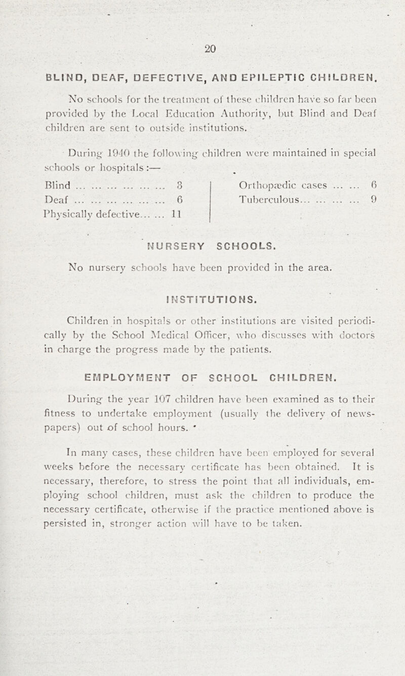 BLIND, DEAF, DEFECTIVE, AND EPILEPTIC CHILDREN. No schools for the treatment of tliese clilldren have so far been provided by the Local Education Authority, but Blind and Deaf children are sent to outside institutions. During J940 the following children were maintained in special schools or hospitals Blind ... 3 • Orthopmdic cases 6 Deaf ... 6 T ubcrculous 9 Physically defective... .. 11 r NURSERY SCHOOLS. No nursery schools have been provided in the area. INSTITUTIONS. Children in hospitals or other institutions are visited periodi- cally by the School Medical Officer, who discusses with doctors in charge the progress made by the patients. EFvIPLOYMENT OF SCHOOL CHILDREN. During the year 107 children have been examined as to their fitness to undertake employment (usually the delivery of news- papers) out of school hours. * In many cases, these children have been employed for several weeks before the necessary certificate has been obtained. It is necessary, therefore, to stress the point that all individuals, em- ploying school children, must ask the ('hildren to produce the necessary certificate, otherwise if the practice mentioned above is persisted in, stronger action wall have to be taken. I