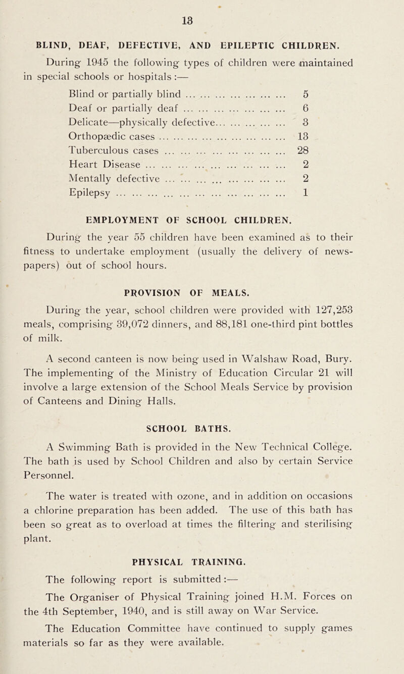 BLIND, DEAF, DEFECTIVE, AND EPILEPTIC CHILDREN. During 1945 the following types of children were imaintained in special schools or hospitals :— Blind or partially blind 5 Deaf or partially deaf 6 Delicate—physically defective 3 Orthopaedic cases 13 Tuberculous cases 28 Heart Disease 2 Mentally defective 2 Epilepsy 1 EMPLOYMENT OF SCHOOL CHILDREN. During the year 55 children have been examined as to their fitness to undertake employment (usually the delivery of news- papers) out of school hours. PROVISION OF MEALS. During the year, school children were provided with 127,253 meals, comprising 39,072 dinners, and 88,181 one-third pint bottles of milk. A second canteen is now being used in Walshaw Road, Bury. The implementing of the Ministry of Education Circular 21 will involve a large extension of the School Meals Service by provision of Canteens and Dining Halls. SCHOOL BATHS. A Swimming Bath is provided in the New Technical College. The bath is used by School Children and also by certain Service Personnel. The water is treated with ozone, and in addition on occasions a chlorine preparation has been added. The use of this bath has been so great as to overload at times the filtering and sterilising plant. PHYSICAL TRAINING. The following report is submitted :— The Organiser of Physical Training joined H.M. Forces on the 4th September, 1940, and is still away on War Service. The Education Committee have continued to supply games materials so far as they were available.