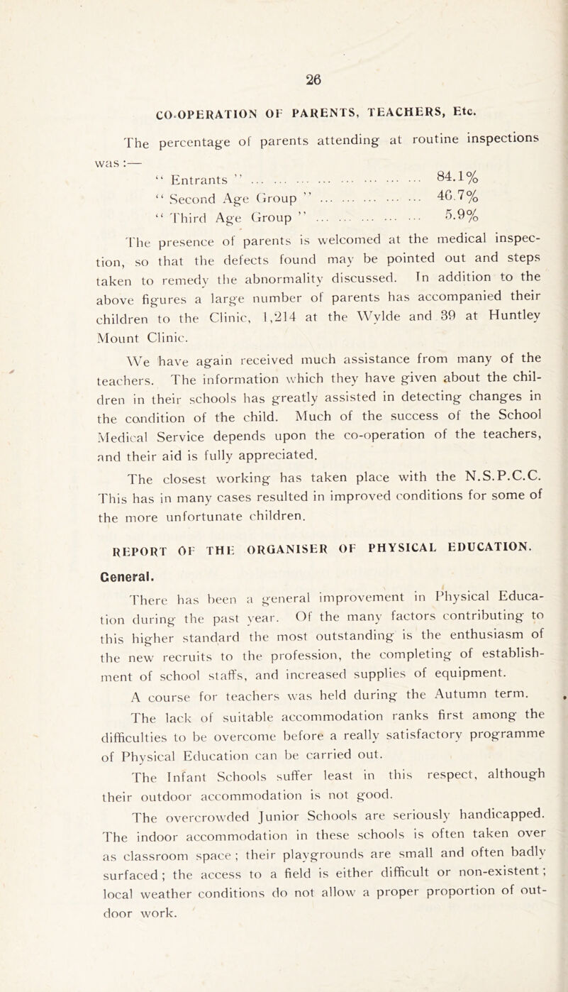 CO-OPERATION OP PARENTS, TEACHERS, Etc. The percentage of parents attending at routine inspections was :— “ Entrants ” 84.1% “ Second Age (iroup  4G.7% “ 'Third Age Group ’’ o.9% The presence of parents is welcomed at the medical inspec- tion, so that the defects found may be pointed out and steps taken to remedy the abnormality discussed. Tn addition to the above figures a large number of parents has accompanied their children to the Clinic, 1,214 at the Wylde and 39 at Huntley Mount Clinic. We have again received much assistance from many of the teachers. The information which they have given about the chil- dren in their schools has greatly assisted in detecting changes in the condition of the child. Much of the success of the School Medical Service depends upon the co-operation of the teachers, and their aid is fully appreciated. The closest working has taken place with the N.S.P.C.C. This has in many cases resulted in improved conditions for some of the more unfortunate children. REPORT OF THE ORGANISER OF PHYSICAL EDUCATION. General. There has been a general improvement in Physical Educa- tion during the past year. Of the many factors contributing to this higher standard the most outstanding is the enthusiasm of the new recruits to the profession, the completing of establish- ment of school staffs, and increased supplies of equipment. A course for teachers was held during the Autumn term. The lack of suitable accommodation ranks first among the difficulties to be overcome before a really satisfactory programme of Physical Education can be carried out. The Infant Schools sulfer least in this respect, although their outdoor accommodation is not good. The overcrowded Junior Schools are seriously handicapped. The indoor accommodation in these schools is often taken over as classroom space ; their playgrounds are small and often badly surfaced ; the access to a field is either difficult or non-existent , local weather conditions do not allow a proper proportion of out- door work.