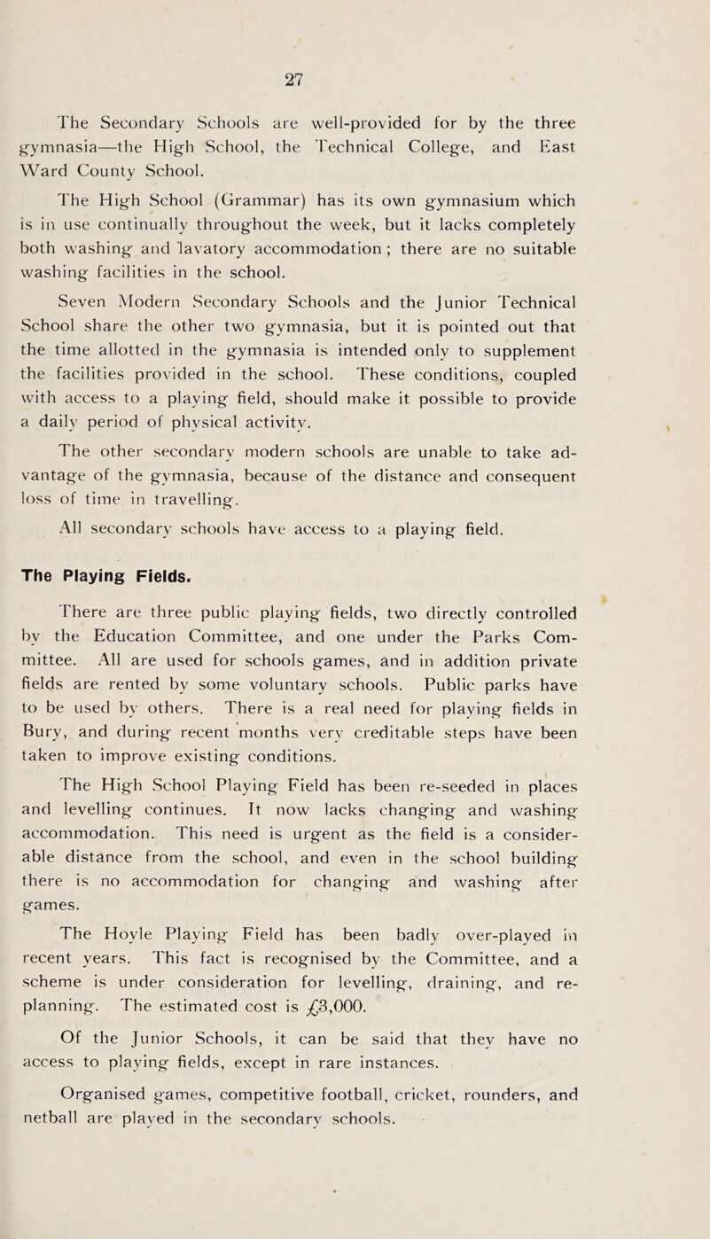 The Secondary Schools are well-provided for by the three g'ymnasia—the High School, the Technical College, and East Ward County School. The High School (Grammar) has its own gymnasium which is in use continually throughout the week, but it lacks completely both washing and lavatory accommodation; there are no suitable washing facilities in the school. Seven Modern ^Secondary Schools and the Junior Technical School share the other two gymnasia, but it is pointed out that the time allotted in the gymnasia is intended only to supplement the facilities provided in the school. These conditions, coupled with access to a playing field, should make it possible to provide a daily period of physical activity. The other secondary modern schools are unable to take ad- vantage of the gymnasia, because of the distance and consequent loss of time in travelling. All secondary schools have access to a playing field. The Playing Fields. There are three public playing fields, two directly controlled by the Education Committee, and one under the Parks Com- mittee. All are used for schools games, and in addition private fields are rented by some voluntary schools. Public parks have to be used by others. There is a real need for plaving fields in Bury, and during recent months very creditable steps have been taken to improve existing conditions. The High School Playing Field has been re-seeded in places and levelling continues. It now lacks changing and washing accommodation. This need is urgent as the field is a consider- able distance from the school, and even in the school building there is no accommodation for changing and washing after games. The Hoyle Playing Field has been badly over-played in recent years. This fact is recognised by the Committee, and a scheme is under consideration for levelling, draining, and re- planning. The estimated cost is ;£3,000. Of the Junior Schools, it can be said that they have no access to playing fields, except in rare instances. Organised games, competitive football, cricket, rounders, and netball are played in the secondary schools.