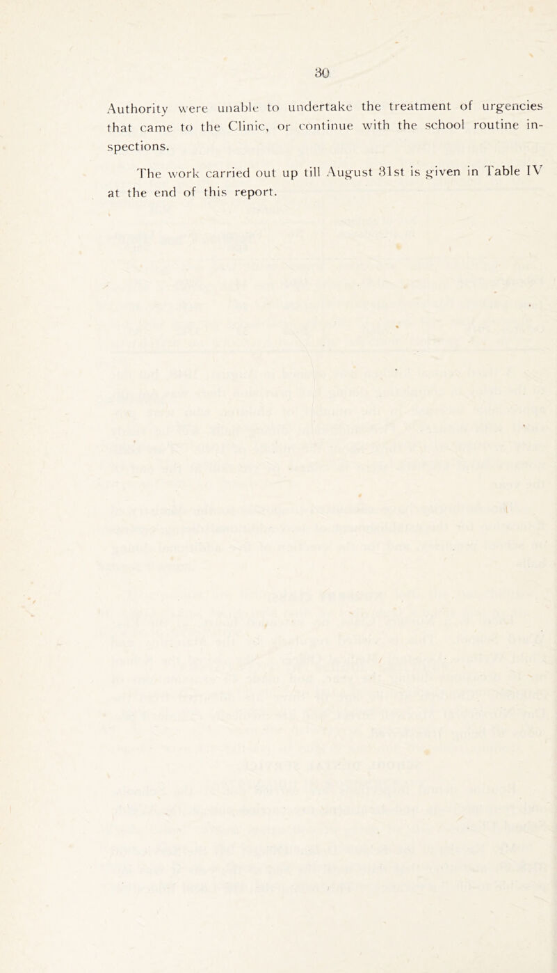 HO Authority were unable to undertake the treatment of urgencies that came to the Clinic, or continue with the school routine in- spections. The work carried out up till August Hist is given in Table IV at the end of this report.