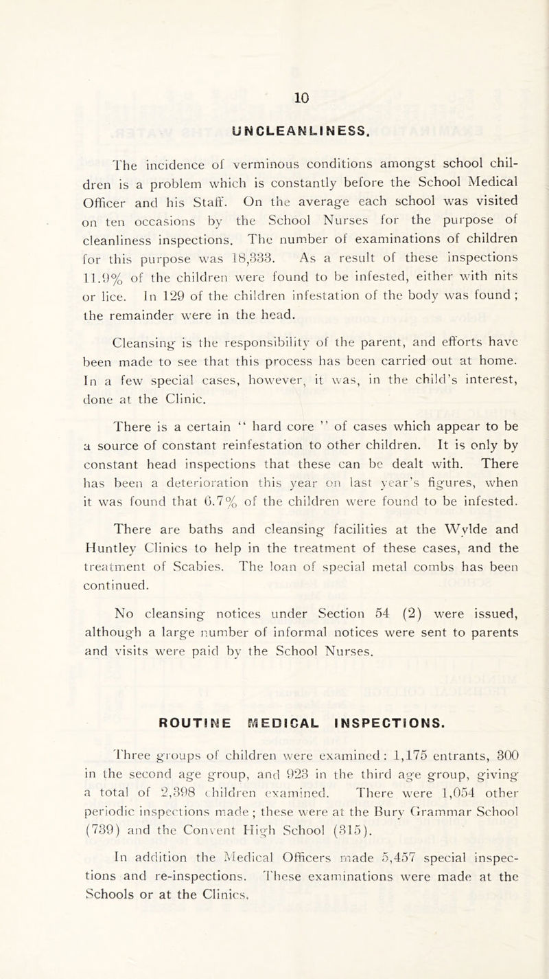 UNCLEANLINESS. The incidence of verminous conditions amongst school chil- dren is a problem which is constantly before the School Medical Officer and his Staff'. On the average each school was visited on ten occasions by the School Nurses for the purpose of cleanliness inspections. The number of examinations of children for this purpose was 18,333. As a result of these inspections 11.9% of the children were found to be infested, either with nits or lice. In 129 of the children infestation of the body was found ; the remainder were in the head. Cleansing is the responsibility of the parent, and efforts have been made to see that this process has been carried out at home. In a few special cases, however, it was, in the child’s interest, done at the Clinic. There is a certain “ hard core ” of cases which appear to be a source of constant reinfestation to other children. It is only by constant head inspections that these can be dealt with. There has been a deterioration this year on last year's figures, when it was found that 0.7% of the children were found to be infested. There are baths and cleansing facilities at the Wvlde and Huntley Clinics to help in the treatment of these cases, and the treatment of Scabies. The loan of special metal combs has been continued. No cleansing notices under Section 54 (2) were issued, although a large number of informal notices were sent to parents and visits were paid by the School Nurses. ROUTINE MEDICAL. INSPECTIONS. Three groups of children were examined: 1,175 entrants, 300 in the second age group, and 923 in the third age group, giving a total of 2,398 children examined. There were 1,054 other periodic inspections made; these were at the Bury Grammar School (739) and the Convent High School (315). In addition the Medical Officers made 5,457 special inspec- tions and re-inspections. These examinations were made at the Schools or at the Clinics,