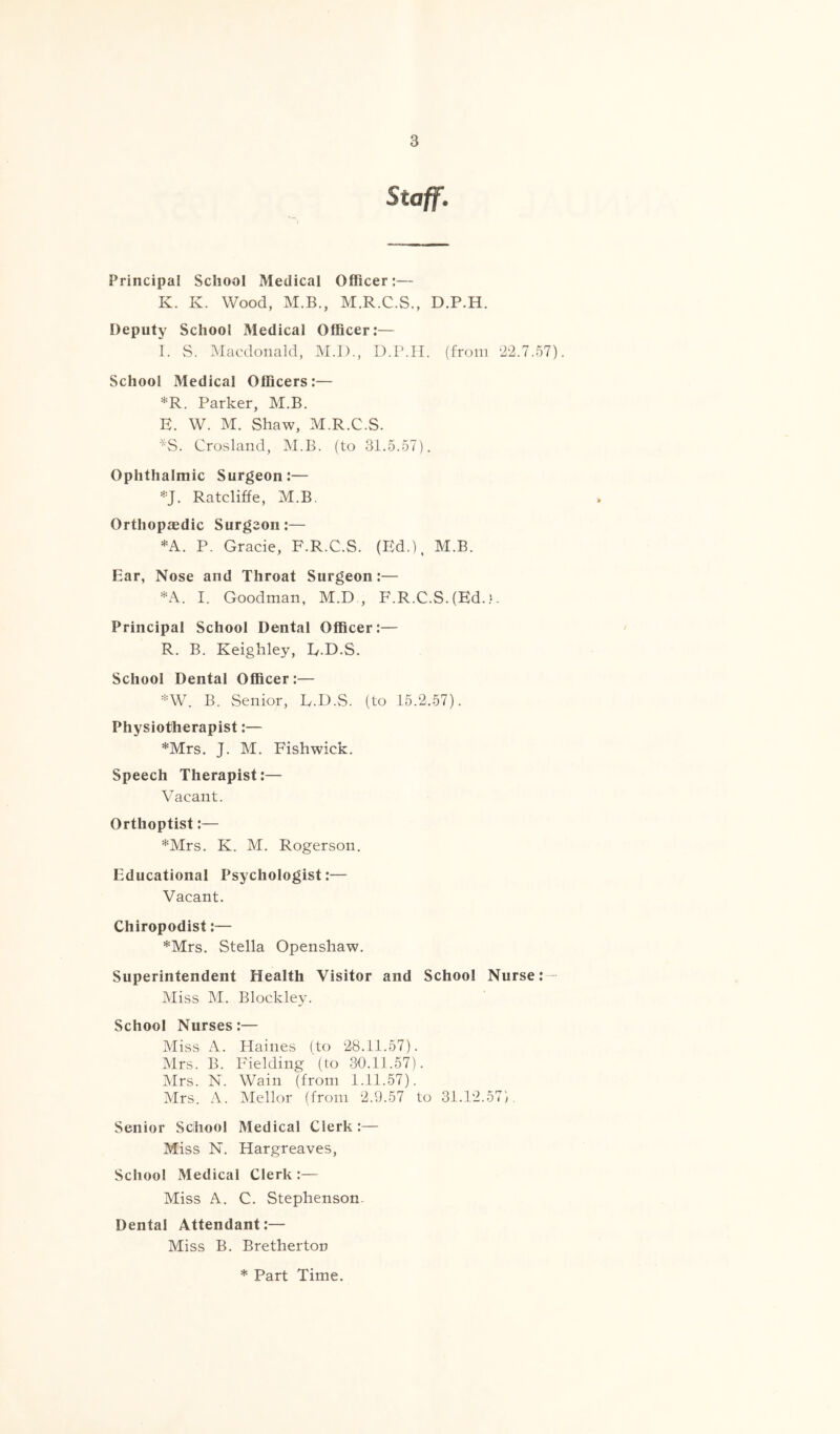 Staff. Principal School Medical Officer:— K. K. Wood, M.B., M.R.C.S., D.P.H. Deputy School Medical Officer:— I. S. jMacdoiiald, M.I)., D.IMI. (from School Medical Officers:— *R. Parker, M.B. E. W. M. Shaw, M.R.C.S. -\S. Crosland, M.B. (to 31.5.57). Ophthalmic Surgeon:— Ratcliffe, M.B. Orthopaedic Surgeon:— *A. P. Grade, F.R.C.S. (Ed.), M.B. Ear, Nose and Throat Surgeon:— *A. I. Goodman, M.D , F.R.C.S.(Ed.}. Principal School Dental Officer :— R. B. Keighley, E.D.S. School Dental Officer:— ='=W. B. Senior, L.D.S. (to 15.2.57). Physiotherapist:— *Mrs. J. M. Fishwick. Speech Therapist:— Vacant. Orthoptist:— *Mrs. K. M. Rogerson. Educational Psychologist:— Vacant. Chiropodist:— *Mrs. Stella Openshaw. Superintendent Health Visitor and School Nurse:- Miss M. Blockley. School Nurses:— Miss A. Haines (to 28.11.57). Mrs. B. Fielding (to 30.11.57). Mrs. N. Wain (from 1.11.57). Mrs. A. Mellor (from 2.9.57 to 31.12.57), Senior School Medical Clerk:— Miss N. Hargreaves, School Medical Clerk :— Miss A. C. Stephenson. Dental Attendant:— Miss B. Bretherton * Part Time.