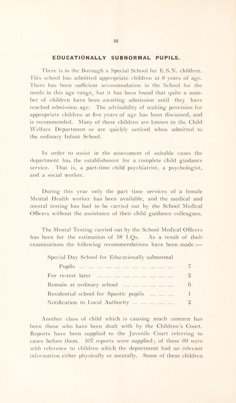 EDUCATIONALLY SUBNORMAL PUPILS. There is in the Boroug'h a Special School for E.S.N. children. This school has admitted appropriate children at 8 years of age. ddiere has been sufficient accommodation in the School for the needs in this age range, but it has been found that quite a num- ber of children have been awaiting admission until they have reached admission age. The advisability of making provision for appropriate children at five years of age has been discussed, and is recommended. Many of these children are known to the Child Welfare Department or are quickly noticed when admitted to the ordinary Infant School. In order to assist in the assessment of suitable cases the department has the establishment for a complete child guidance service. That is, a part-time child psychiatrist, a psychologist, and a social worker. During this year only the part time services of a female Mental Health worker has been available, and the medical and mental testing has had to be carried out by the School Medical Officers without the assistance of their child guidance colleagues. The Mental Testing carried out by the School Medical Officers has been for the estimation of 18 I.Qs. As a result of their examinations the following recommendations have been made ;— Special Day School for Educationally subnormal Pupils 7 For re-test later 2 Remain at ordinary school 6 Residential school for Spastic pupils 1 Notification to Local Authority 2 Another class of child which is causing much concern has been those who have been dealt with by the Children’s Court. Reports have been supplied to the Juvenile Court referring to cases before them. 107 reports were supplied ; of these 69 were with reference to children which the department had no relevant information either physically or mentally. Some of these children