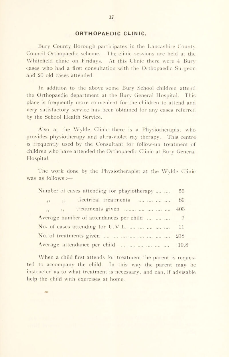 ORTHOPAEDIC CLINIC. Bury County Borough partic'ipates in the Lancasliire C'ounty Council Orthopaedic scheme, d'lie clinic sessions are held at the Whitefield clinic on Fridays. At this Clinic there were 4 Bury cases who had a first consultation with the Orthopaedic Surgeon and ‘20 old cases attended. In addition to the above some Bury School children attend the Orthopaedic department at the Bury Ceneral Hospital. 4'his place is frequently more convenient for the children to attend and very satisfactory service has been obtained for any cases referred by the School Health Service. Also at the Wylde Clinic there is a Physiotherapist who provides physiotherapy and ultra-violet ray therapy. This centre is frequently used by the Consultant for follow-up treatment of children who have attended the Orthopaedic Clinic at Bury Ceneral Hospital. The work done by the Physiotherapist at the Wylde Clinic was as follows :— Number of cases attending for phsyiotherapy 56 ,, ,, electrical treatments 89 ,, ,, ti'eatments given 403 Average number of attendances per child 7 No. of cases attending for U.V.L 11 No. of treatments given 218 Average attendance per child 19.8 When a child first attends for treatment the parent is reques- ted to accompany the child. In this way the parent may be instructed as to what treatment is necessary, and can, if advisable help the child with exercises at home.