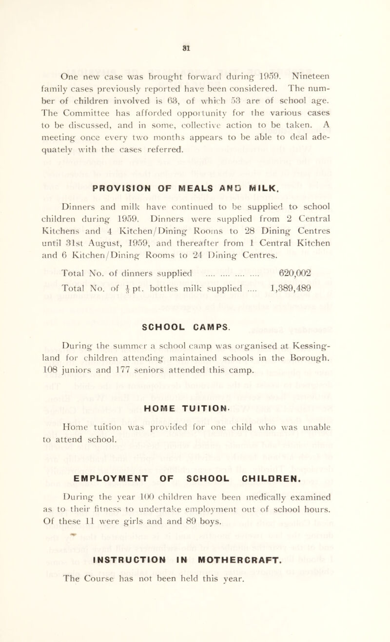 One new case was broug'ht forward during' 1959. Nineteen family cases previously reported have been considered. The num- ber of children involved is 63, of which 53 are of school age. The Committee has afforded opportunitv for the various cases to be discussed, and in some, collective action to be taken. A meeting once every two months appears to be able to deal ade- quatelv with the cases referred. PROVISION OF MEALS AND MILK. Dinners and milk have continued to be supplied to school children during 1959, Dinners were supplied from 2 Central Kitchens and 4 Kitchen/Dining Rooms to 28 Dining Centres until 31st August, 1959, and thereafter from 1 Central Kitchen and 6 Kitchen/Dining Rooms to 24 Dining Centres. Total No. of dinners supplied 620,002 Total No. of 1 pt. bottles milk supplied .... 1,389,489 SCHOOL CAMPS. Du ring the summer a school camp was organised at Kessing- land for children attending maintained schools in the Borough. 108 juniors and 177 seniors attended this camp. HOME TUITION. Home tuition was provided for one child who was unable to attend school. EMPLOYMENT OF SCHOOL CHILDREN. During the year 100 children have been medically examined as to their fitness to undertake employment out of school hours. Of these 11 were girls and and 89 boys. INSTRUCTION IN MOTHERCRAFT. The Course has not been held this year.