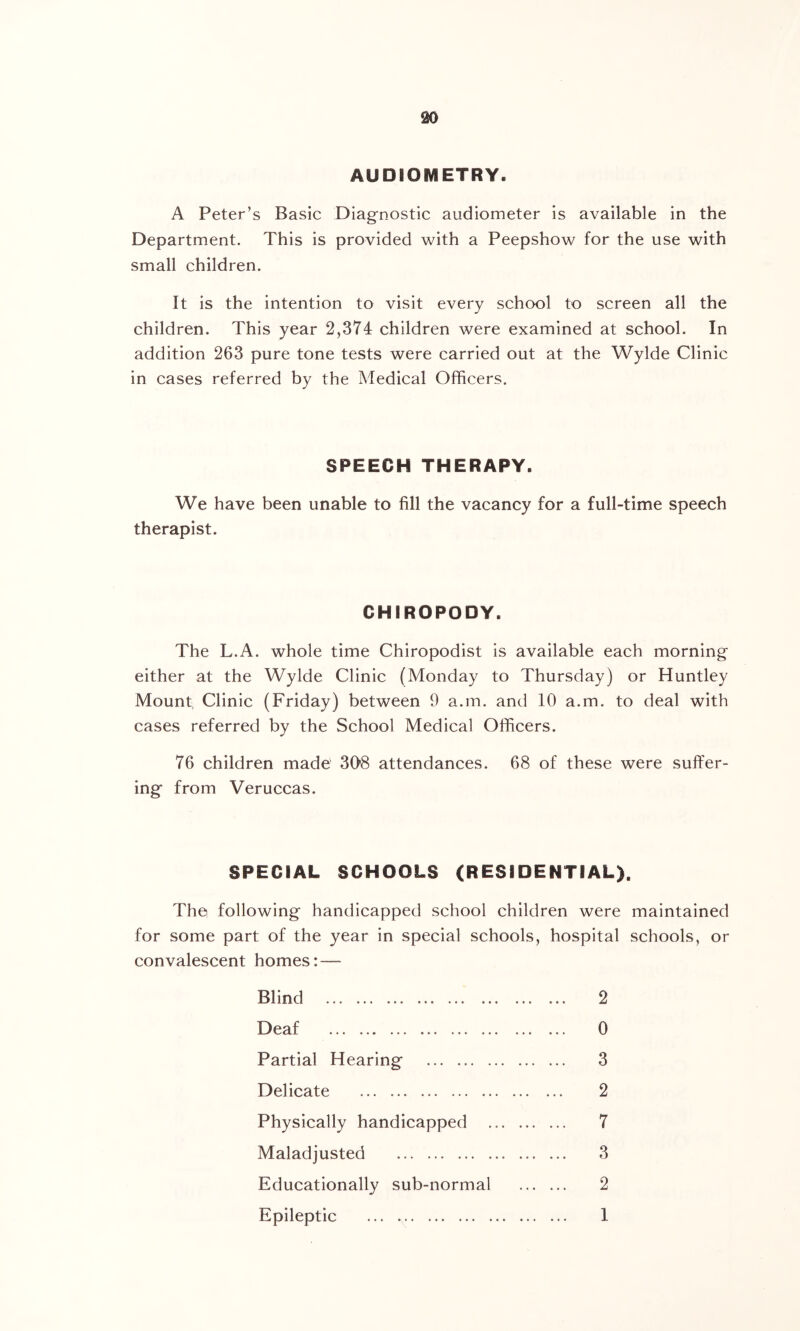 AUDIOMETRY. A Peter’s Basic Diag-nostic audiometer is available in the Department. This is provided with a Peepshow for the use with small children. It is the intention to visit every school to screen all the children. This year 2,374 children were examined at school. In addition 263 pure tone tests were carried out at the Wylde Clinic in cases referred by the Medical Officers. SPEECH THERAPY. We have been unable to fill the vacancy for a full-time speech therapist. CHIROPODY. The L.A. whole time Chiropodist is available each morning either at the Wylde Clinic (Monday to Thursday) or Huntley Mount, Clinic (Friday) between 9 a.m. and 10 a.m. to deal with cases referred by the School Medical Officers. 76 children made 30*8 attendances. 68 of these were suffer- ing from Veruccas. SPECIAL SCHOOLS (RESIDENTIAL). The following handicapped school children were maintained for some part of the year in special schools, hospital schools, or convalescent homes: — Blind 2 Deaf 0 Partial Hearing 3 Delicate 2 Physically handicapped 7 Maladjusted 3 Educationally sub-normal 2 Epileptic 1