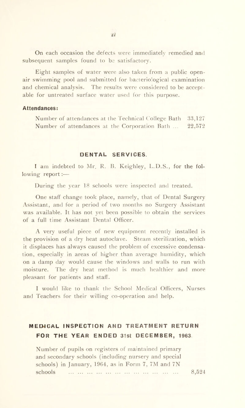 subsequent samples found to be satisfactory. Eight samples of water were also taken from a public open- air swimming pool and submitted for bacteriological examination and chemical analysis. The results were considered to be accept- able for untreated surface water used for this purpose. Attendances: Number of attendances at the Technical C ollege Bath 3.3,127 Number of attendances at tlu‘ Corporation Bath ... 22,.572 DENTAL SERVICES. I am indebted to Mr. R. B. Keighley, L.D.S., for the fol- lowing report:— During the year 18 schools were inspected and treated. One staff change took place, namely, that of Dental Surgery Assistant, and for a period of two months no Surgery Assistant was available. It has not yet been possible to obtain the services of a full time Assistant Dental Officer. A very useful piece of new equipment recently installed is the provision of a dry heat autoclave. Steam sterilization, which it displaces has always caused the problem of excessive condensa- tion, especially in areas of higher than average humidity, which on a damp day would cause the windows and walls to run with moisture. The dry heat method is much healthier and more pleasant for patients and staff'. I would like to thank the School Medical Officers, Nurses and Teachers for their willing co-operation and help. MEmCAL INSPECTION AND TREATf^ENT RETURN FOR THE YEAR ENDED 3lSt DECEMBER, 1963> Number of pupils on registers of maintained primary and secondary schools (including nursery and special schools) in January, 1964, as in Form 7, 7M and 7N schools 8,624