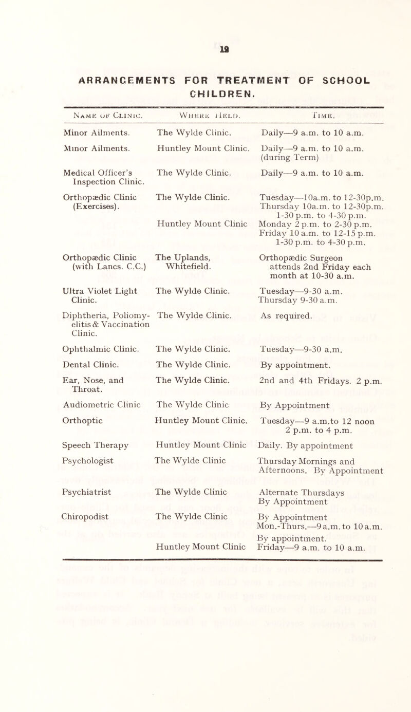 19 ARRANGEMENTS FOR TREATMENT OF SCHOOL CHILDREN. Name uf Clinic. Where if eld. Time. Minor Ailments. The Wylde Clinic. Daily—9 a.m. to 10 a.m. Minor Ailments. Huntley Mount Clinic. Daily—9 a.m. to 10 a.m. (during Term) Medical Officer’s Inspection Clinic. The Wylde Clinic. Daily—9 a.m. to 10 a.m. Orthopaedic Clinic (Exercises). The Wylde Clinic. Huntley Mount Clinic Tuesday—10a.m. to 12-30p.m. Thursday 10a.m. to 12-30p.m. 1-30 p.m. to 4-30 p.m. Monday 2 p.m. to 2-30 p.m. Friday 10 a.m. to 12-15 p.m. 1-30 p.m. to 4-30 p.m. Orthopaedic Clinic (with Lancs. C.C.) The Uplands, Whitefield. Orthopaedic Surgeon attends 2nd Friday each month at 10-30 a.m. Ultra Violet Light Clinic. The Wylde Clinic. Tuesday—9-30 a.m. Thursday 9-30 a.m. Diphtheria, Poliomy- elitis & Vaccination Clinic. The Wylde Clinic. As required. Ophthalmic Clinic. The Wylde Clinic. Tuesday—9-30 a.m. Dental Clinic. The Wylde Clinic. By appointment. Ear, Nose, and Throat. The Wylde Clinic. 2nd and 4th Fridays. 2 p.m. Audiometric Clinic The Wylde Clinic By Appointment Orthoptic Huntley Mount Clinic. Tuesday—9 a.m,to 12 noon 2 p.m. to 4 p.m. Speech Therapy Huntley Mount Clinic Daily. By appointment Psychologist The Wylde Clinic Thursday Mornings and Afternoons. By Appointment Psychiatrist The Wylde Clinic Alternate Thursdays By Appointment Chiropodist The Wylde Clinic By Appointment Mon.-Thurs.—9 a.m. to 10 a.m. By appointment.