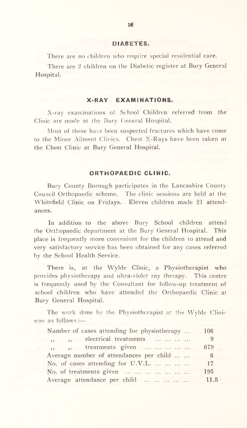 DIABETES. There are no children who require special residential care. There are 2 children on the Diabetic register at Bury General Hospital. X-RAY EXAM 11^ ATI O NS. X-ray examinations of School Children referred from the Clinic are made at the Bury Ceneral Hospital. Most of these have been suspected fractures which have come to the Minor Ailment Clinics. Chest X-Rays have been taken at the Chest Clinic at Bury General Hospital. ORTHOPAEDIC CLINIC. Bury County Borough participates in the Lancashire County Council Orthopaedic scheme. The clinic sessions are held at the Whitefield Clinic on Fridays. Eleven children made 21 attend- ances. In addition to the above Bury School children attend the Orthopaedic department at the Bury General Hospital. This place is frequently more convenient for the children to attend and very satisfactory service has been obtained for any cases referred by the School Health Service. There is, at the Wylde Clinic, a Physiotherapist who provides physiotherapy and ultra-violet ray therapy. This centre is frequently used by the Consultant for follow-up treatment of school children who have attended the Orthopaedic Clinic at Bury General Hospital. The work clone by the Physiotherapist at tlte Wylde Clinir was as follows :— Number of cases attending for physiotherapy ... 106 ,, ,, electrical treatments 9 ,, ,, treatments given 679 Average number of attendances per child 6 No. of cases attending for U.V.L 17 No. of treatments given 195 Average attendance per child 11.5