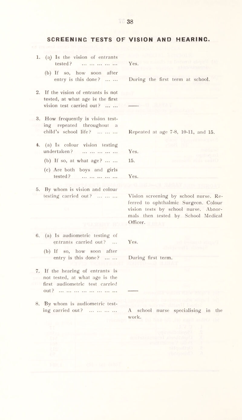 SCREENING TESTS OF VISION AND HEARING. 1. (aj Is the vision of entrants tested ? (b) If so, how soon after entry is this done? 2. If the vision of entrants is not tested, at what age is' the first vision test carried out? 3. How frequently is vision test- ing repeated throughout a child’s school life? 4. (a) Is colour vision testing undertaken ? (b) If so, at what age? (c) Are both boys and girls tested ? 5. By whom is vision and colour testing carried out ? 6. (a) Is audiometric testing of entrants carried out? (b) If so, how soon after entry is this done? 7. If the hearing of entrants is not tested, at what age is the first audiometric test carried out ? 8o By whom is audiometric test- ing carried out? Yes. During the first term at school. Repeated at age 7-8, 10-11, and 15. Yes. 15. Yes. Vision screening by school nurse. Re- ferred to ophthalmic Surgeon. Colour vision tests by school nurse. Abnor- mals then tested by School Medical Officer. Yes. During first term. A school nurse specialising in the work.