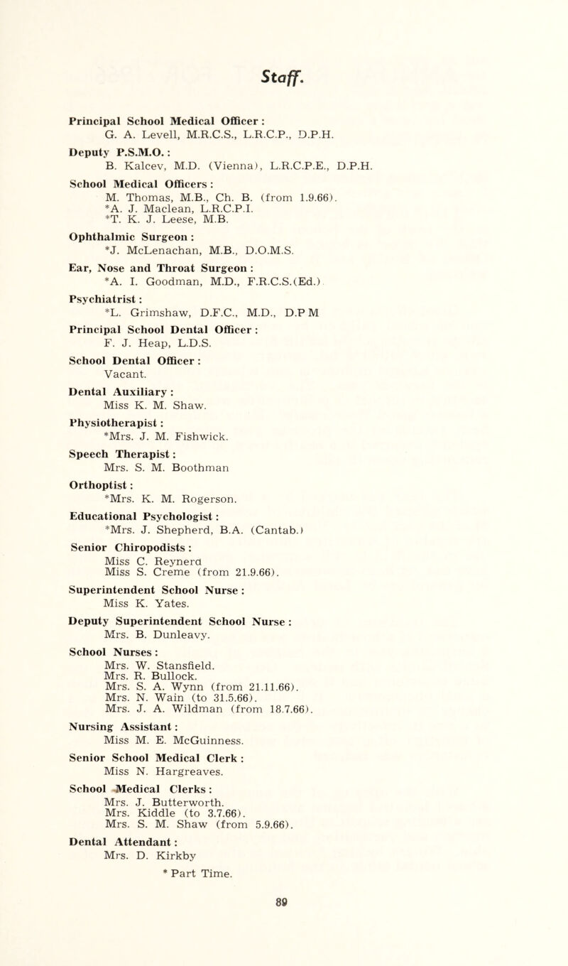 Staff, Principal School Medical Officer: G. A. Levell, M.R.C.S., L.R.C.P., D.P.H. Deputy P.S.M.O.: B. Kalcev, M.D. (Vienna), L.R.C.P.E., D.P.H. School Medical Officers : M. Thomas, M.B., Ch. B. (from 1.9.66). *A. J. Maclean, L.R.C.P.I. *T. K. J. Leese, M.B. Ophthalmic Surgeon : *J. McLenachan, M.B., D.O.M.S. Ear, Nose and Throat Surgeon : *A. 1. Goodman, M.D., F.R.C.S.(Ed.) Psychiatrist: *L. Grimshaw, D.F.C., M.D., D.P M Principal School Dental Officer : F. J. Heap, L.D.S. School Dental Officer : Vacant. Dental Auxiliary : Miss K. M. Shaw. Physiotherapist: *Mrs. J. M. Fishv^ick. Speech Therapist: Mrs. S. M. Boothman Orthoptist: *Mrs. K. M. Rogerson. Educational Psychologist: *Mrs. J. Shepherd, B.A. (Cantab.) Senior Chiropodists : Miss C. ReynerO Miss S. Creme (from 21.9.66). Superintendent School Nurse : Miss K. Yates. Deputy Superintendent School Nurse : Mrs. B, Dunleavy. School Nurses : Mrs. W. Stansfield. Mrs. R. Bullock. Mrs. S. A. Wynn (from 21.11.66). Mrs. N. Wain (to 31.5.66). Mrs. J. A. Wildman (from 18.7.66). Nursing Assistant: Miss M. E. McGuinness. Senior School Medical Clerk : Miss N. Hargreaves. School Medical Clerks: Mrs. J. Butterworth. Mrs. Kiddle (to 3.7.66). Mrs. S. M. Shaw (from 5.9.66). Dental Attendant: Mrs. D. Kirkby * Part Time.
