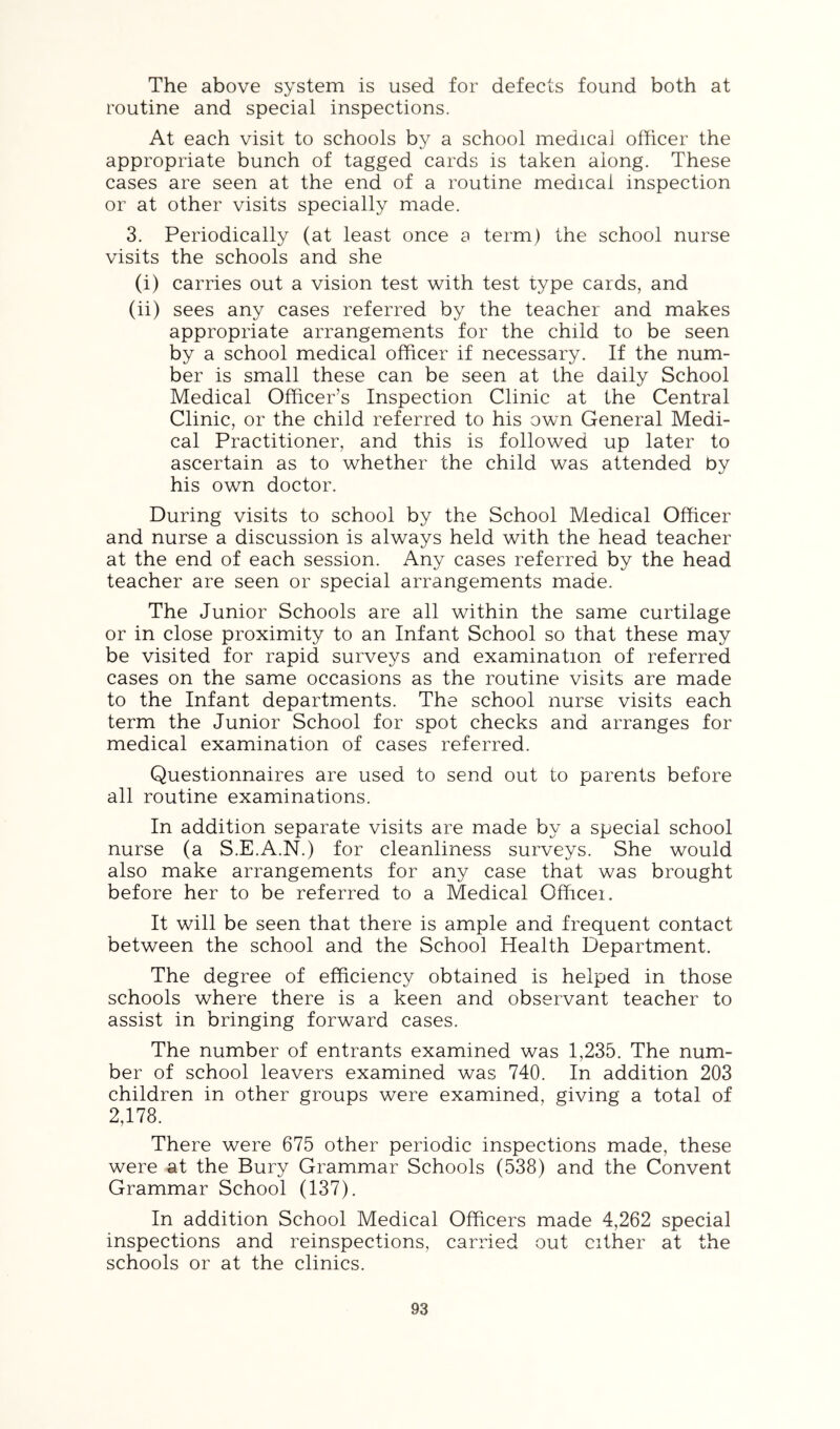 The above system is used for defects found both at routine and special inspections. At each visit to schools by a school medicai officer the appropriate bunch of tagged cards is taken along. These cases are seen at the end of a routine medical inspection or at other visits specially made. 3. Periodically (at least once a term) the school nurse visits the schools and she (i) carries out a vision test with test type cards, and (ii) sees any cases referred by the teacher and makes appropriate arrangements for the child to be seen by a school medical officer if necessary. If the num- ber is small these can be seen at the daily School Medical Officer’s Inspection Clinic at the Central Clinic, or the child referred to his own General Medi- cal Practitioner, and this is followed up later to ascertain as to whether the child was attended by his own doctor. During visits to school by the School Medical Officer and nurse a discussion is always held with the head teacher at the end of each session. Any cases referred by the head teacher are seen or special arrangements made. The Junior Schools are all within the same curtilage or in close proximity to an Infant School so that these may be visited for rapid surveys and examination of referred cases on the same occasions as the routine visits are made to the Infant departments. The school nurse visits each term the Junior School for spot checks and arranges for medical examination of cases referred. Questionnaires are used to send out to parents before all routine examinations. In addition separate visits are made by a special school nurse (a S.E.A.N.) for cleanliness surveys. She would also make arrangements for any case that was brought before her to be referred to a Medical Officei. It will be seen that there is ample and frequent contact between the school and the School Health Department. The degree of efficiency obtained is helped in those schools where there is a keen and observant teacher to assist in bringing forward cases. The number of entrants examined was 1,235. The num- ber of school leavers examined was 740. In addition 203 children in other groups were examined, giving a total of 2,178. There were 675 other periodic inspections made, these were at the Bury Grammar Schools (538) and the Convent Grammar School (137). In addition School Medical Officers made 4,262 special inspections and reinspections, carried out cither at the schools or at the clinics.