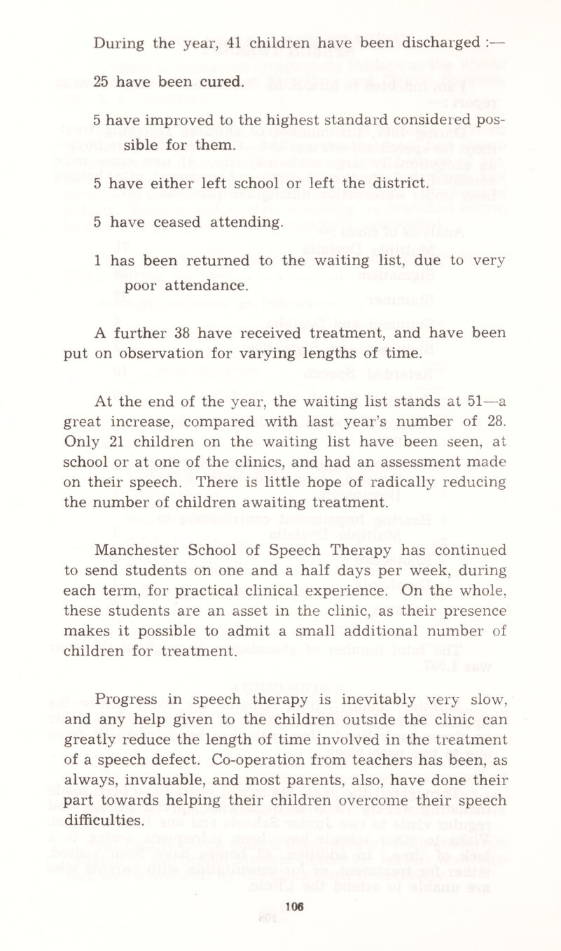 During the year, 41 children have been discharged :— 25 have been cured. 5 have improved to the highest standard considered pos- sible for them. 5 have either left school or left the district. 5 have ceased attending. 1 has been returned to the waiting list, due to very poor attendance. A further 38 have received treatment, and have been put on observation for varying lengths of time. At the end of the year, the waiting list stands at 51—a great increase, compared with last year’s number of 28. Only 21 children on the waiting list have been seen, at school or at one of the clinics, and had an assessment made on their speech. There is little hope of radically reducing the number of children awaiting treatment. Manchester School of Speech Therapy has continued to send students on one and a half days per week, during each term, for practical clinical experience. On the whole, these students are an asset in the clinic, as their presence makes it possible to admit a small additional number of children for treatment. Progress in speech therapy is inevitably very slow, and any help given to the children outside the clinic can greatly reduce the length of time involved in the treatment of a speech defect. Co-operation from teachers has been, as always, invaluable, and most parents, also, have done their part towards helping their children overcome their speech difficulties.