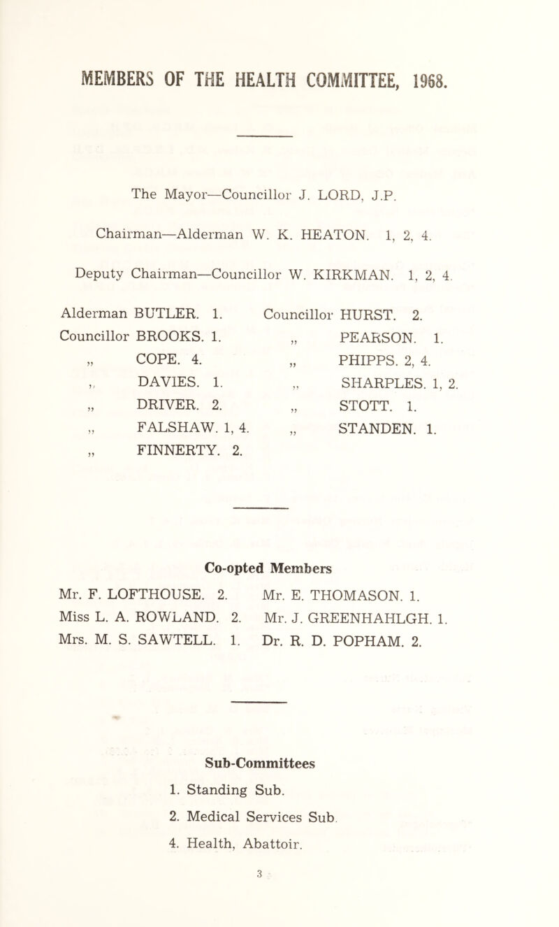MEMBERS OF THE HEALTH COMMITTEE, 1968. The Mayor—Councillor J. LORD, J.P. Chairman—Alderman W. K. HEATON. 1, 2, 4. Deputy Chairman—Councillor W. KIRKMAN. 1, 2, 4. Alderman BUTLER. 1. Councillor BROOKS. 1. „ COPE. 4. „ DAVIES. 1. „ DRIVER. 2. „ FALSHAW. 1, 4. „ FINNERTY. 2. Councillor HURST. 2. „ PEARSON. 1. „ PHIPPS. 2, 4. „ SHARPLES. 1, 2. „ STOTT. 1. „ STANDEN. 1. Co-opted Members Mr. F. LOFTHOUSE. 2. Miss L. A. ROWLAND. 2. Mrs. M. S. SAWTELL. 1. Mr. E. THOMASON. 1. Mr. J. GREENHAHLGH. 1. Dr. R. D. POPHAM. 2. Sub-Committees 1. Standing Sub. 2. Medical Services Sub. 4. Health, Abattoir.