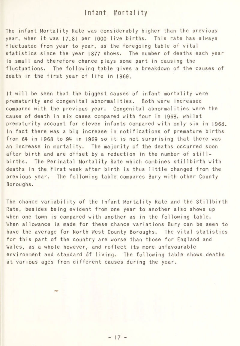Infant Mortality The infant Mortality Rate was considerably higher than the previous year, when it was 17.81 per 1000 live births. This rate has always fluctuated from year to year, as the foregoing table of vital statistics since the year 1877 shows. The number of deaths each year is small and therefore chance plays some part in causing the fluctuations. The following table gives a breakdown of the causes of death in the first year of life in 1969. It will be seen that the biggest causes of infant mortality were prematurity and congenital abnormalities. Both were increased compared with the previous year. Congenital abnormalities were the cause of death in six cases compared with four in 1968, whilst prematurity account for eleven infants compared with only six in 1968. In fact there was a big increase in notifications of premature births from 64 in 1968 to 94 in 1969 so it is not surprising that there was an increase in mortality. The majority of the deaths occurred soon after birth and are offset by a reduction in the number of still- births. The Perinatal Mortality Rate which combines stillbirth with deaths in the first week after birth is thus little changed from the previous year. The following table compares Bury with other County Boroughs. The chance variability of the Infant Mortality Rate and the Stillbirth Rate, besides being evident from one year to another also shows up when one town is compared with another as in the following table. When allowance is made for these chance variations Bury can be seen to have the average for North V'/est County Boroughs. The vital statistics for this part of the country are worse than those for England and Wales, as a whole however, and reflect its more unfavourable environment and standard of living. The following table shows deaths at various ages from different causes during the year.
