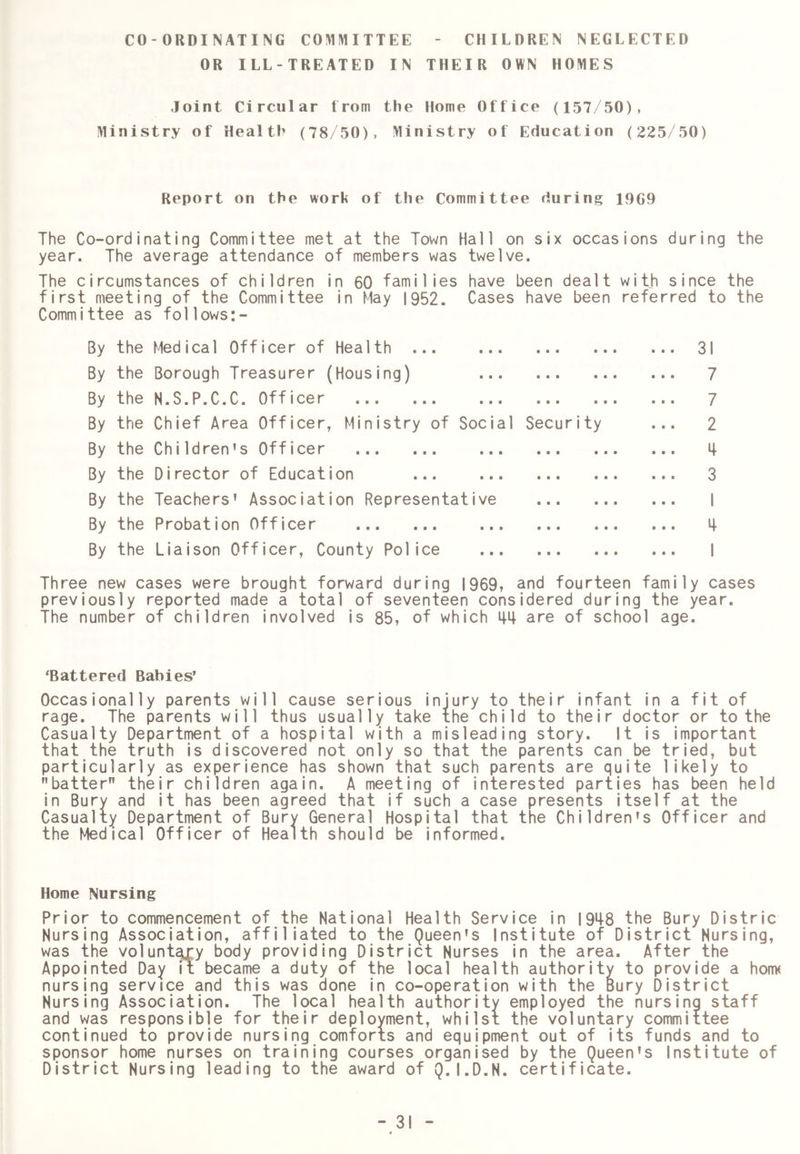 CHILDREN NEGLECTED CO-ORDINATING COMMITTEE - OR ILL-TREATED IN THEIR OWN HOMES Joint Circular from the Home Office (157/50), Ministry of Health (78/50), Ministry of Education (225/50) Report on the work of the Committee during 19G9 The Co-ordinating Committee met at the Town Hall on six occasions during the year. The average attendance of members was twelve. The circumstances of children in 60 families have been dealt with since the first meeting of the Committee in May 1952. Cases have been referred to the Committee as follows:- 3y the Medical Officer of Health ... By the Borough Treasurer (Housing) By the N.S.P.C.C. Officer By the Chief Area Officer, Ministry of Social Security By the Children’s Officer By the Director of Education ... By the Teachers’ Association Representative By the Probation Officer By the Liaison Officer, County Police 31 7 7 2 4 3 1 9 Three new cases were brought forward during 1969, and fourteen family cases previously reported made a total of seventeen considered during the year. The number of children involved is 85, of which 49 are of school age. ‘Battered Babies’ Occasionally parents will cause serious injury to their infant in a fit of rage. The parents will thus usually take the child to their doctor or to the Casualty Department of a hospital with a misleading story. It is important that the truth is discovered not only so that the parents can be tried, but particularly as experience has shown that such parents are quite likely to batter their children again. A meeting of interested parties has been held in Bury and it has been agreed that if such a case presents itself at the Casualty Department of Bury General Hospital that the Children’s Officer and the Medical Officer of Health should be informed. Home Nursing Prior to commencement of the National Health Service in 1948 the Bury Distric Nursing Association, affiliated to the Queen’s Institute of District Nursing, was the volunt^y body providing District Nurses in the area. After the Appointed Day it became a duty of the local health authority to provide a honx nursing service and this was done in co-operation with the Bury District Nursing Association. The local health authority employed the nursing staff and was responsible for their deployment, whilst the voluntary committee continued to provide nursing comforts and equipment out of its funds and to sponsor home nurses on training courses organised by the Queen’s Institute of District Nursing leading to the award of Q.I.D.N. certificate.