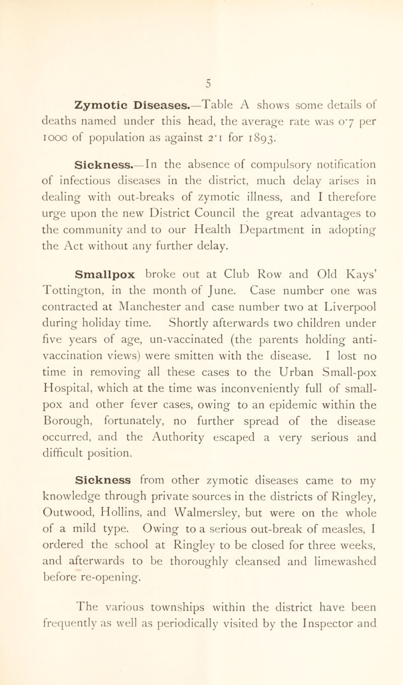 Zymotic Diseases.—Table A shows some details of deaths named under this head, the average rate was 07 per 1000 of population as against 2*1 for 1893. Sickness.— In the absence of compulsory notification of infectious diseases in the district, much delay arises in dealing with out-breaks of zymotic illness, and I therefore urge upon the new District Council the great advantages to the community and to our Health Department in adopting the Act without any further delay. Smallpox broke out at Club Row and Old Kays’ Tottington, in the month of June. Case number one was contracted at Manchester and case number two at Liverpool during holiday time. Shortly afterwards two children under five years of age, un-vaccinated (the parents holding anti- vaccination views) were smitten with the disease. I lost no time in removing all these cases to the Urban Small-pox Hospital, which at the time was inconveniently full of small- pox and other fever cases, owing to an epidemic within the Borough, fortunately, no further spread of the disease occurred, and the Authority escaped a very serious and difficult position. Sickness from other zymotic diseases came to my knowledge through private sources in the districts of Ringley, Outwood, Hollins, and Walmersley, but were on the whole of a mild type. Owing to a serious out-break of measles, I ordered the school at Ringley to be closed for three weeks, and afterwards to be thoroughly cleansed and limewashed before re-opening. The various townships within the district have been frequently as well as periodically visited by the Inspector and