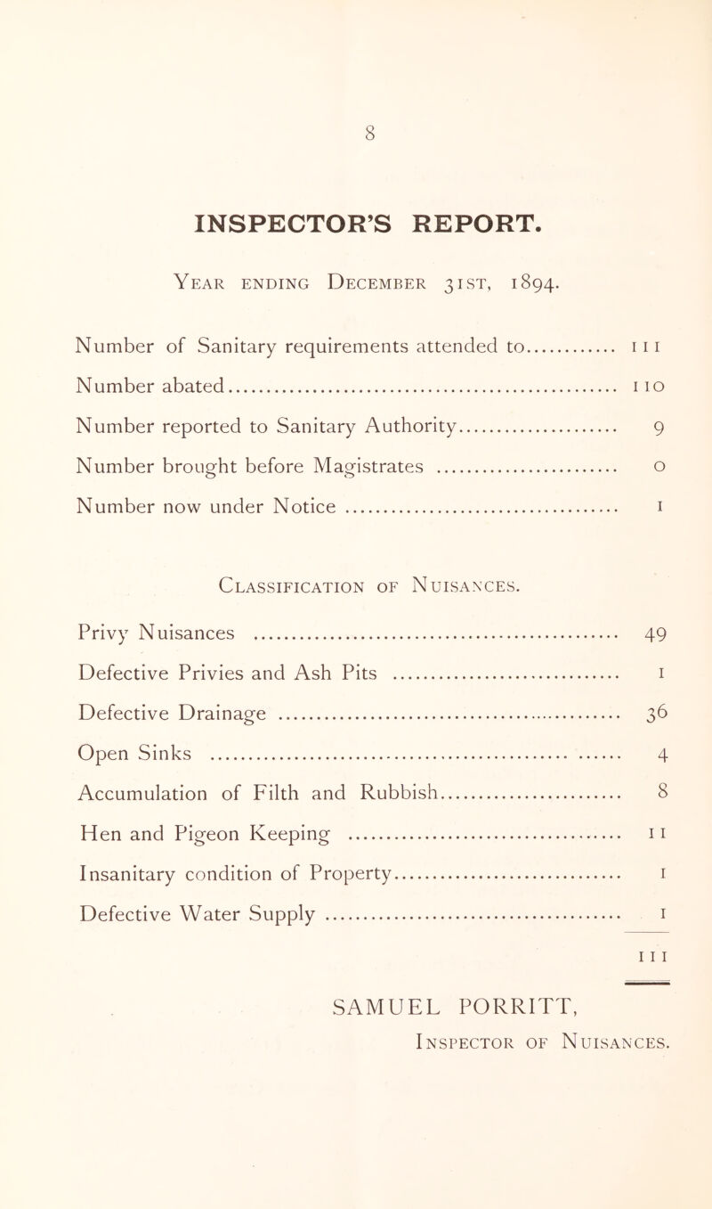 INSPECTOR’S REPORT. Year ending December 31ST, 1894. Number of Sanitary requirements attended to 111 Number abated 110 Number reported to Sanitary Authority 9 Number brought before Magistrates o Number now under Notice 1 Classification of Nuisances. Privy Nuisances 49 Defective Privies and Ash Pits 1 Defective Drainage 36 Open Sinks 4 Accumulation of Filth and Rubbish 8 Hen and Pigeon Keeping 11 Insanitary condition of Property 1 Defective Water Supply 1 111 SAMUEL PORRITT, Inspector of Nuisances.