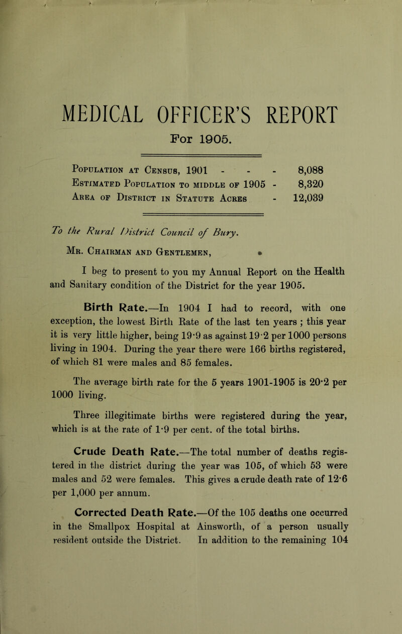 MEDICAL OFFICER’S REPORT For 1905. Population at Census, 1901 - - - 8,088 Estimated Population to middle of 1905 - 8,320 Area of District in Statute Acres - 12,089 To the Rural District Council of Bury. Mr. Chairman and Gentlemen, * I beg to present to you my Annual Report on the Health and Sanitary condition of the District for the year 1905. Birth Rate.—In 1904 I had to record, with one exception, the lowest Birth Rate of the last ten years ; this year it is very little higher, being 19*9 as against 19'2 per 1000 persons living in 1904. During the year there were 166 births registered, of which 81 were males and 85 females. The average birth rate for the 5 years 1901-1905 is 20*2 per 1000 living. Three illegitimate births were registered during the year, which is at the rate of 1*9 per cent, of the total births. Crude Death Rate.—The total number of deaths regis- tered in the district during the year was 105, of which 53 were males and 52 were females. This gives a crude death rate of 12*6 per 1,000 per annum. Corrected Death Rate.—Of the 105 deaths one occurred in the Smallpox Hospital at Ainsworth, of a person usually resident outside the District. In addition to the remaining 104