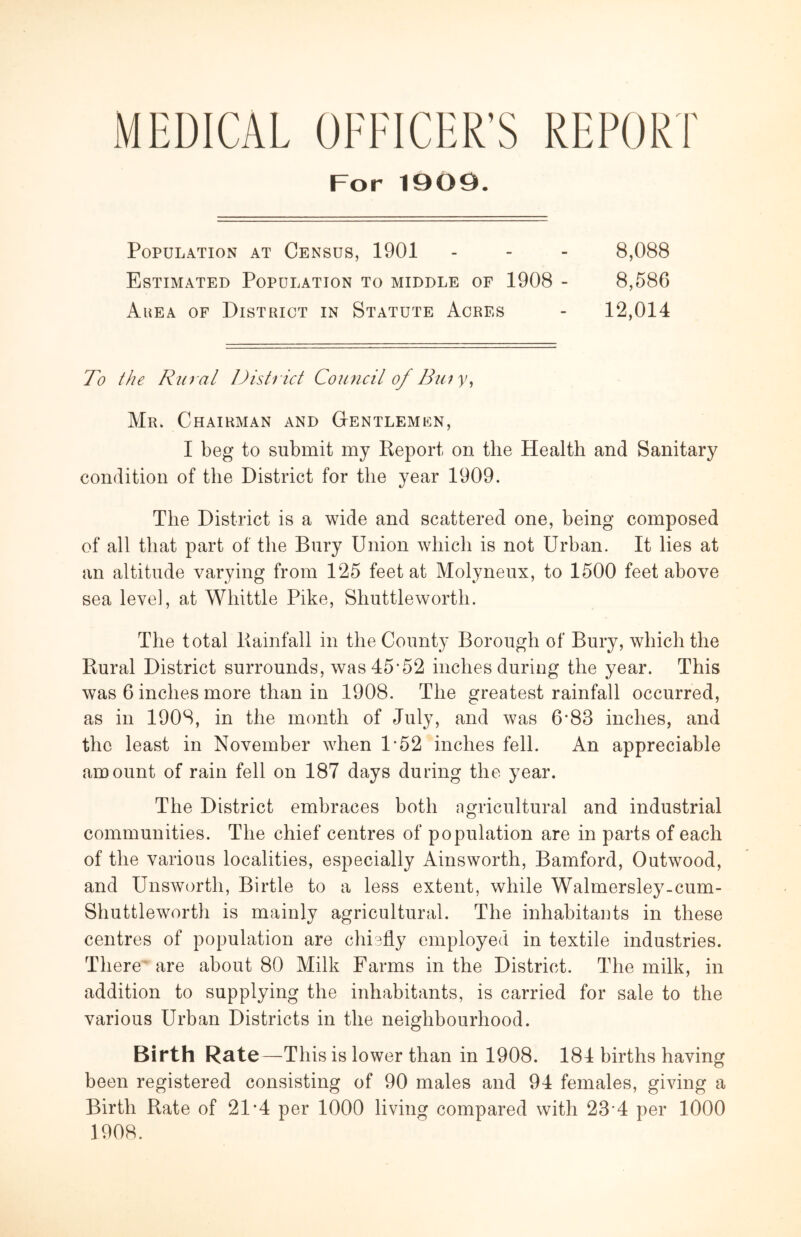 MEDICAL OFFICER’S REPORT For 1909. Population at Census, 1901 - - - 8,088 Estimated Population to middle of 1908 - 8,586 AiiEA OF District in Statute Acres - 12,014 To the Rural District Council of Bui Mr. Chairman and Gentlemicn, I beg to submit my Report on the Health and Sanitary condition of the District for the year 1909. The District is a wide and scattered one, being composed of all that part of the Bury Union which is not Urban. It lies at an altitude varying from 125 feet at Molyneux, to 1500 feet above sea level, at Whittle Pike, Shuttleworth. The total Rainfall in the County Borough of Bury, which the Rural District surrounds, was 45*52 inches during the year. This was 6 inches more than in 1908. The greatest rainfall occurred, as in 1908, in the month of July, and was 6*83 inches, and the least in November when 1*52 inches fell. An appreciable amount of rain fell on 187 days during the year. The District embraces both agricultural and industrial communities. The chief centres of population are in parts of each of the various localities, especially Ainsworth, Bamford, Outwood, and Unsworth, Birtle to a less extent, while Walmersley-cum- Shuttleworth is mainly agricultural. The inhabitants in these centres of population are chiefly employed in textile industries. There' are about 80 Milk Farms in the District. The milk, in addition to supplying the inhabitants, is carried for sale to the various Urban Districts in the neighbourhood. Birth Rate—This is lower than in 1908. 184 births having been registered consisting of 90 males and 94 females, giving a Birth Rate of 21*4 per 1000 living compared with 23*4 per 1000