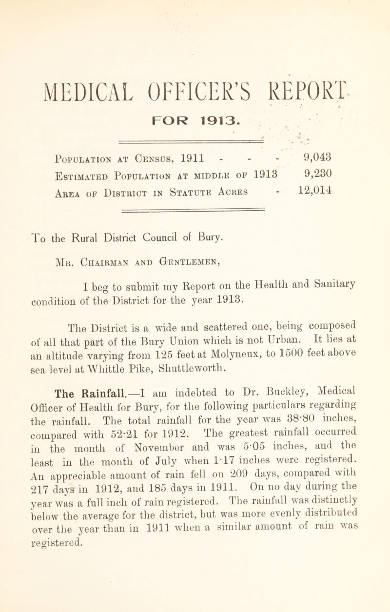 MEDICAL OFFICER’S REPORT FOR 1913. Population at Census, 1911 Estimated Population at middi.e of 1913 Area of District in Statute Acres 9,043 9,230 12,014 To the Rural District Council of Bury. Mr. Chairman and Gtentlemen, I beg to submit my Report on the Health and Sanitary condition of the District for the year 1913. The District is a wide and scattered one, being composed of all that part of the Bury Union which is not Urban. It lies at an altitude varying from 125 feet at Molyneux, to 1500 feet above sea level at Whittle Pike, Shuttle worth. The Rainfall—I am indebted to Dr. Buckley, Medical Officer of Health for Bury, for the following particulars regarding the rainfall. The total rainfall for the year was 38*80 inches, compared with 52-21 for 1912. The greatest rainfall occurred in the month of November and was 5*05 inches, and the least in the mouth of July when 1-17 inches were registered. An appreciable amount of rain fell on 209 days, compared with 217 days in 1912, and 185 days in 1911. On no day during the year was a full inch of rain registered. The rainfall was distinctly below the average for the district, but was more evenly distributed over the year than in 1911 when a similar amount of lain vas registered.