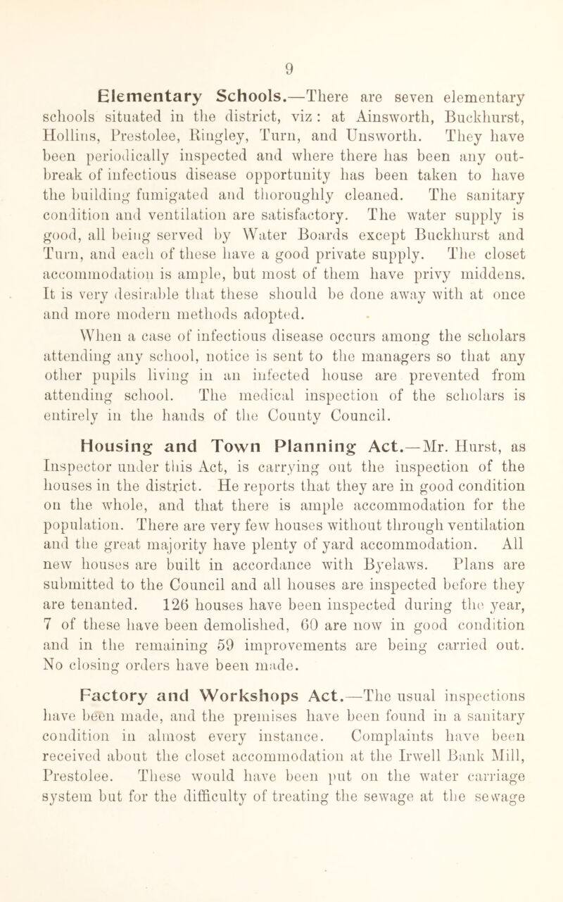 Elementary Schools.—There are seven elementary schools situated in the district, viz : at Ainsworth, Buckhurst, Hollins, Prestolee, Kingley, Turn, and Unsworth. They have been periodically inspected and where there has been any out- break of infectious disease opportunity has been taken to have the building fumigated and thoroughly cleaned. The sanitary condition and ventilation are satisfactory. The water supply is good, all being served by Water Boards except Buckhurst and Turn, and each of these have a good private supply. The closet accommodation is ample, but most of them have privy middens. It is very desiral)le that these should be done away with at once and more modern methods adopted. When a case of infectious disease occurs among the scholars attending any school, notice is sent to the managers so that any other pupils living in an infected house are prevented from attending school. The medical inspection of the scholars is entirely in the hands of the County Council. Housing and Town Planning Act.—Mr. Hurst, as Inspector under this Act, is carrying out the inspection of the houses in the district. He reports that they are in good condition on the whole, and that there is ample accommodation for the population. There are very few houses without through ventilation and the great majority have plenty of yard accommodation. All new houses are built in accordance with B^mlaws. Plans are submitted to the Council and all houses are inspected before they are tenanted. 126 houses have been inspected during the year, 7 of these have been demolished, GO are now in good condition and in the remaining 59 improvements are being carried out. No closing orders have been made. Factory and Workshops Act.—The usual inspections have been made, and the premises have been found in a sanitary condition in almost every instance. Complaints have been received about the closet accommodation at the Irwell Bank Mill, Prestolee. These would have been put on the water carriage system but for the difficulty of treating the sewage at the sewage