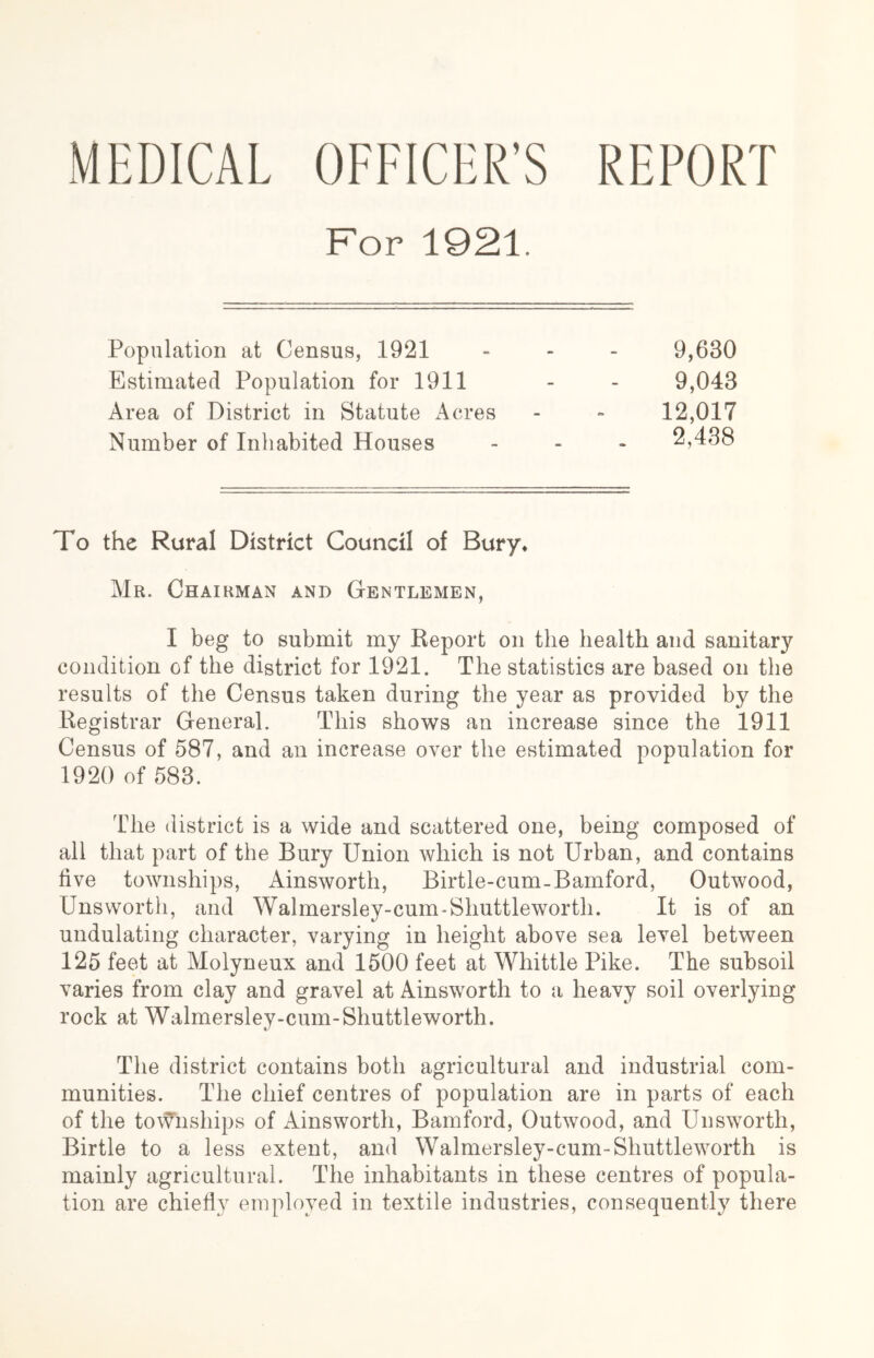 MEDICAL OFFICER’S REPORT For 1921. Population at Census, 1921 - - - 9,630 Estimated Population for 1911 - - 9,043 Area of District in Statute Acres - ^ 12,017 Number of Inhabited Houses - - - 2,438 To the Rural District Council of Bury. Mr. Chairman and Gentlemen, I beg to submit my Report on the health and sanitary condition of the district for 1921. The statistics are based on the results of the Census taken during the year as provided by the Registrar General. This shows an increase since the 1911 Census of 587, and an increase over the estimated population for 1920 of 583. The district is a wide and scattered one, being composed of all that part of the Bury Union which is not Urban, and contains five townships, Ainsworth, Birtle-cum-Bamford, Outwood, Unsworth, and Walmersley-cum-Shuttleworth. It is of an undulating character, varying in height above sea level between 125 feet at Molyneux and 1500 feet at Whittle Pike. The subsoil varies from clay and gravel at Ainsworth to a heavy soil overlying rock at Walmersley-cum-Shuttleworth. The district contains both agricultural and industrial com- munities. The chief centres of population are in parts of each of the toA^nships of xlinsworth, Bamford, Outwood, and Unsworth, Birtle to a less extent, and Walmersley-cum-Shuttleworth is mainly agricultural. The inhabitants in these centres of popula- tion are chiefly employed in textile industries, consequently there