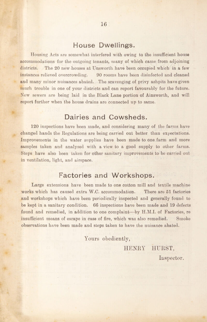 House Dwellings. Housing Acts are somewhat interfered with owing to the insufficient house accommodations for the outgoing tenants, many of which came from adjoining districts. The 20 new houses at Unsworth have been occupied which in a few instances relieved overcrowding. 90 rooms have been disinfected and cleaned and many minor nuisances abated. The scavenging of privy ashpits have given much trouble in one of your districts and can report favourably for the future. New sewers are being laid in the Black Lane portion of Ainsworth, and will report further when the house drains are connected up to same. Dairies and Cowsheds. 120 inspections have been made, and considering many of the farms have changed hands the Regulations are being carried out better than expectations. Improvements in the water supplies have been made to one farm and more samples taken and analysed with a view to a good supply to other farms. Steps have also been taken for other sanitary improvements to be carried out in ventilation, light, and airspace. Factories and Workshops. Large extensions have been made to one cotton mill and textile machine works which has caused extra W.C. accommodation. There are 51 factories and workshops which have been periodically inspected and generally found to be kept in a sanitary condition. 66 inspections have been made and 19 defects found and remedied, in addition to one complaint—by H.M.I. of Factories, re insufficient means of escape in case of fire, which was also remedied. Smoke observations have been made and steps taken to have the nuisance abated. Yours obedientl}^ HENHY HURST, Inspector.