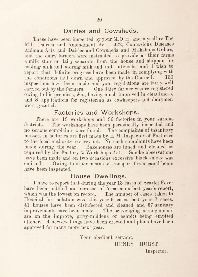 ‘20 Dairies and Cowsheds. These have been inspected by your M.O.H. and myself re The Milk Dairies and Amendment Act, 1922, Contagious Diseases Animals Acts and Dairies and Cowsheds and Milkshops Orders, and the dairy farmers were instructed to provide at their farms a milk store or dairy separate from the house and shippon for cooling milk and storing milk and milk utensils, and I wish to report that definite progress have been made in complying with the conditions laid down and approved by the Council. 130 inspections have been made and your regulations are fairly well carried out by the farmers. One dairy farmer was re-registered owing to his premises, &c., having much improved in cleanliness, and 8 applications for registering as cowkeepers and dairymen were granted. Factories and Workshops. There are 13 workshops and 36 factories in your various districts. The workshops have been periodically inspected and no serious complaints were found. The complaints of insanitary matters in factories are first made by H.M. Inspector of Factories to the local authority to carryout. No such complaints have been made during the year. Bakehouses are limed and cleaned as required by the Factory & Workshops Act. Smoke observations have been made and on two occasions excessive black smoke was emitted. Owing to other means of transport fewer canal boats have been inspected. House Dwellings. I have to report that during the year 13 cases of Scarlet Fever have been notified an increase of 7 cases on last year’s report, which was the lowest on record. The number of cases taken to Hospital for isolation was, this year 9 cases, last year 7 cases. 41 houses have been disinfected and cleaned and 57 sanitary improvements have been made. The scavenging arrangements are on the improve, privy-middens or ashpits being emptied oftener. 4 new dwellings have been erected and plans have been approved for many more next year. Your obedient servant, HENRY HURST, Inspector.