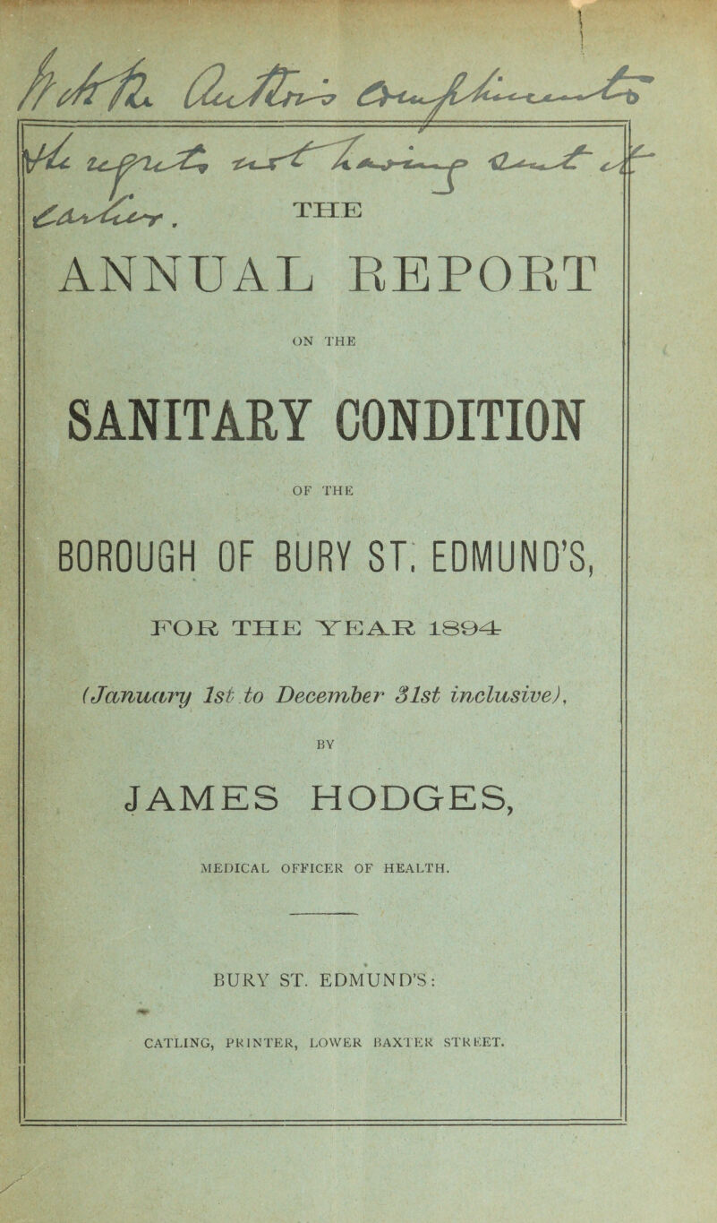 ANNUAL REPOET ON THE SANITARY CONDITION BOROUGH OF BURY ST, EDMUND’S, EOR THE YEA_R 1S04 (January 1st to December 31st inclusive), BY JAMES HODGES, MEDICAL OFFICER OF HEALTH. BURY ST. EDMUND’S: