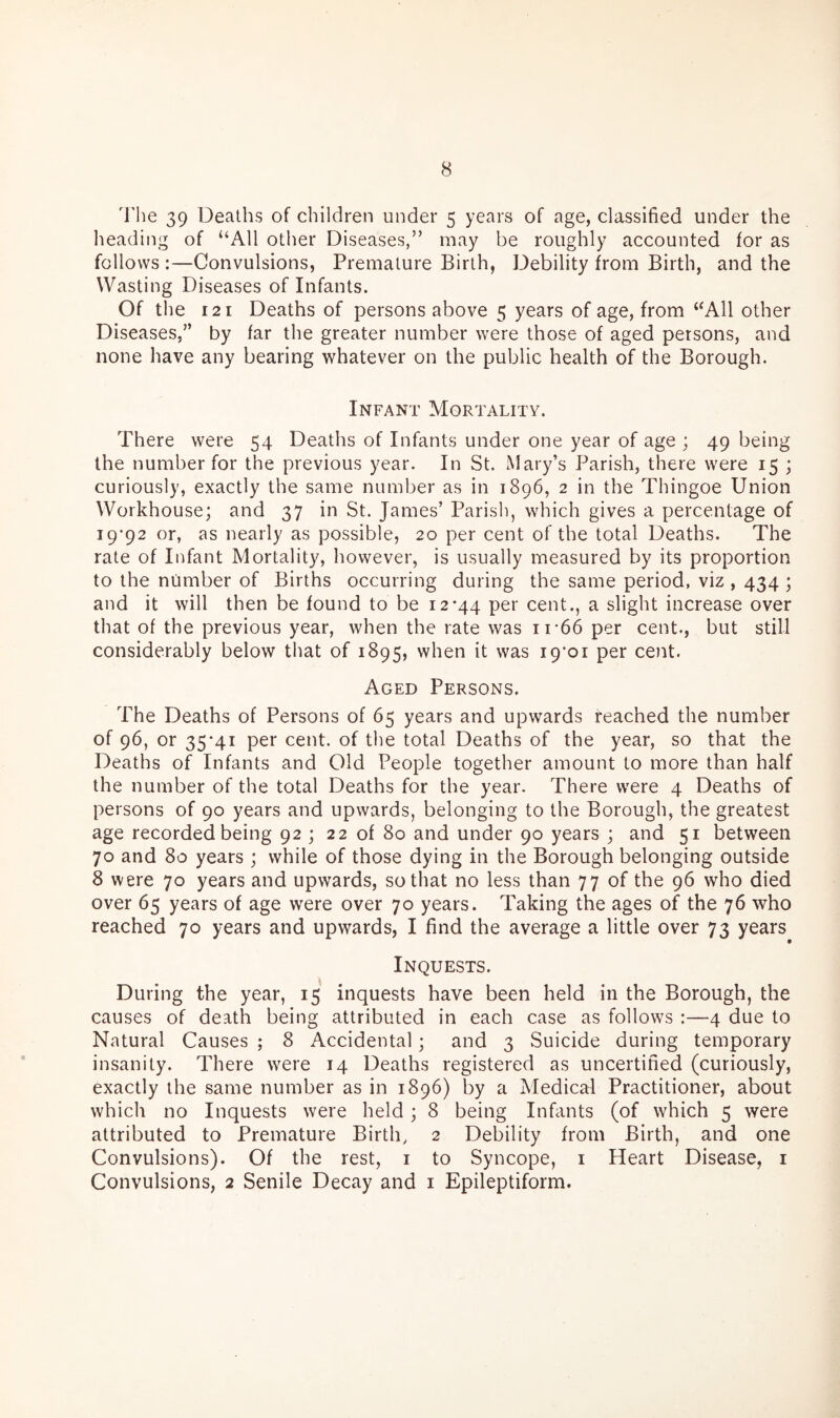 'I’lie 39 Deaths of children under 5 years of age, classified under the heading of “All other Diseases,” may be roughly accounted for as follows :—Convulsions, Premature Birth, Debility from Birth, and the Wasting Diseases of Infants. Of the 121 Deaths of persons above 5 years of age, from “All other Diseases,” by far the greater number were those of aged persons, and none have any bearing whatever on the public health of the Borough. Infant Mortality. There were 54 Deaths of Infants under one year of age ; 49 being the number for the previous year. In St. Mary’s Parish, there were 15 ; curiously, exactly the same number as in 1896, 2 in the Thingoe Union Workhouse; and 37 in St. James’ Parish, which gives a percentage of 19-92 or, as nearly as possible, 20 per cent of the total Deaths. The rate of Infant Mortality, however, is usually measured by its proportion to the number of Births occurring during the same period, viz, 434 ; and it will then be found to be 12-44 cent., a slight increase over that of the previous year, when the rate was ii-66 per cent., but still considerably below that of 1895, when it was 19-01 per cent. Aged Persons. The Deaths of Persons of 65 years and upwards reached the number of 96, or 35-41 per cent, of the total Deaths of the year, so that the Deaths of Infants and Old People together amount to more than half the number of the total Deaths for the year. There were 4 Deaths of persons of 90 years and upwards, belonging to the Borough, the greatest age recorded being 92 ; 22 of 80 and under 90 years ; and 51 between 70 and 80 years ; while of those dying in the Borough belonging outside 8 were 70 years and upwards, so that no less than 77 of the 96 who died over 65 years of age were over 70 years. Taking the ages of the 76 who reached 70 years and upwards, I find the average a little over 73 years Inquests. During the year, 15 inquests have been held in the Borough, the causes of death being attributed in each case as follows :—4 due to Natural Causes ; 8 Accidental; and 3 Suicide during temporary insanity. There were 14 Deaths registered as uncertified (curiously, exactly the same number as in 1896) by a Medical Practitioner, about which no Inquests were held; 8 being Infants (of which 5 were attributed to Premature Birth, 2 Debility from Birth, and one Convulsions). Of the rest, i to Syncope, i Heart Disease, i Convulsions, 2 Senile Decay and i Epileptiform.