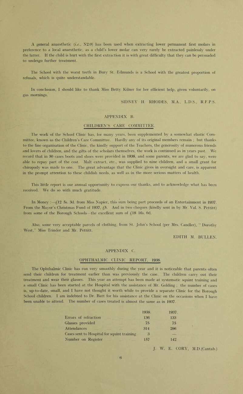 preference to a local anaesthetic, as a child’s lower molar can very rarely be extracted painlessly under the latter. If the child is hurt with the first extraction it is with great difficulty that they can be persuaded to undergo further treatment. The School with the worst teeth in Bury St. Edmunds is a School with the greatest proportion of refusals, which is quite understandable. In conclusion, I should like to thank Miss Betty Kilner for her efficient help, given voluntarily, on gas mornings. SIDNEY H. RHODES, M.A., L.D.S., R.F.P.S. APPENDIX B. CHILDREN’S CARE COMMITTEE. The work of the School Clinic has, for many years, been supplemented by a somewhat elastic Com- mittee, known as the Children’s Care Committee. Hardly any of its original members remain ; but thanks to the fine organisation of the Clinic, the kindly support of the Teachers, the generosity of numerous friends and lovers of children, and the gifts of the scholars themselves, the work is continued as in years past. We record that in 50 cases boots and shoes were provided in 1938, and some parents, we arc glad to say, were able to repay part of the cost. Malt extract, etc., was supplied to nine children, and a small grant for chiropody was made to one. The great advantage that the Clinic gives in oversight and care, is apparent in the prompt attention to these childish needs, as well as in the more serious matters of health. This little report is our annual opportunity to express our thanks, and to acknowledge what has been received. We do so with much gratitude. In Money :—£12 5s. 3d. from Miss Napier, this sum being part proceeds of an Entertainment in 1937. From the Mayor's Christmas Fund of 1937, £5. And in two cheques (kindly sent in by Mr. Val. S. Pettitt) from some of the Borough Schools—the excellent sum of £18 16s. Od. Also, some very acceptable parcels of clothing, from St. John’s School (per Mrs. Candler), “ Dorothy West,” Miss Trinder and Mr. Pettitt. EDITH M. BULLEN. APPENDIX C. OPHTHALMIC. CLINIC. REPORT, 1938. The Ophthalmic Clinic has run very smoothly during the year and it is noticeable that parents often send their children for treatment earlier than was previously the case. The children carry out their treatment and wear their glasses. This year an attempt has been made at systematic squint training and a small Clinic has been started at the Hospital with the assistance of Mr. Golding ; the number of cases is, up-to-date, small, and I have not thought it worth while to provide a separate Clinic for the Borough School children. I am indebted to Dr. Batt for his assistance at the Clinic on the occasions when I have been unable to attend. The number of cases treated is almost the same as in 1937. 1938. 1937 Errors of refraction 136 133 Glasses provided 75 75 Attendances 314 296 Cases sent to Hospital for squint training 3 — Number on Register 157 142 J. W. E. CORY, M.D.(Cantab.) 6