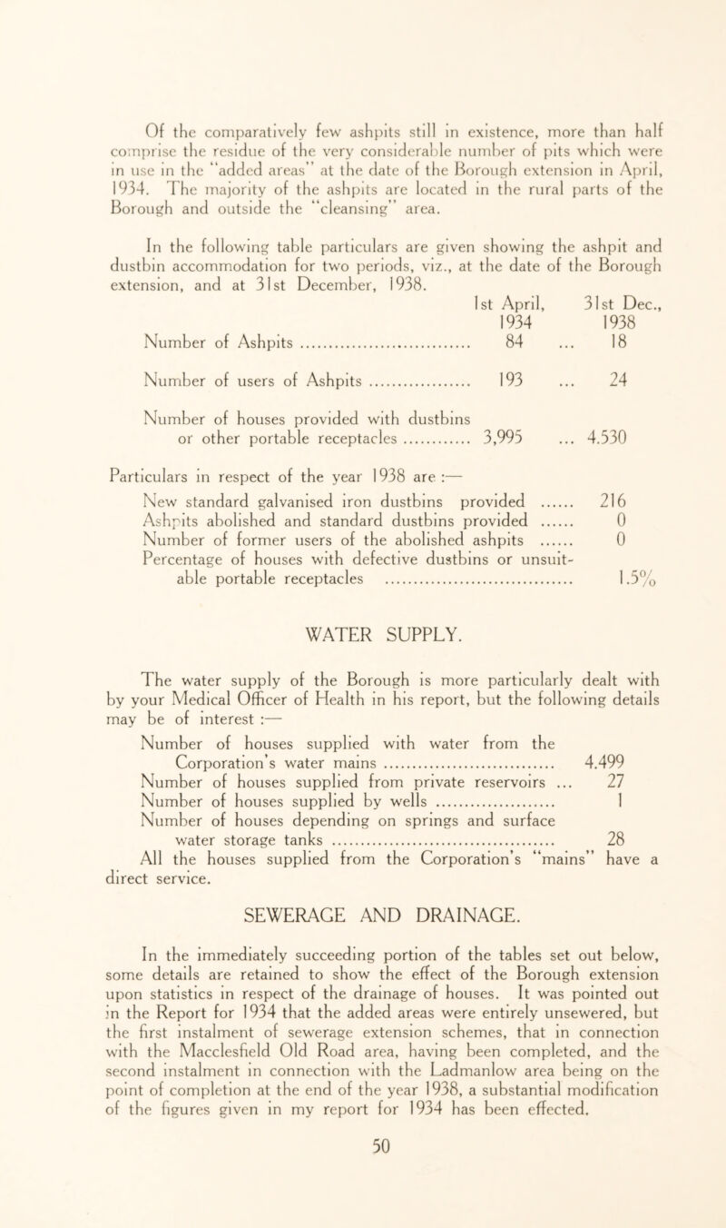 Of the comp)aralively few ashpits still in existence, more than half comprise the residue of the very considerable niimher of pits which were in use in the “added areas ’ at the date of the Borough extension in April, 1934. The majority of the ashpits are located in the rural parts of the Borough and outside the “cleansing’ area. In the following table particulars are given showing the ashpit and dustbin accommodation for tw'o periods, viz., at the date of the Borough extension, and at 31st December, 1938. 1st April, 31st Dec., 1934 1938 Number of Ashpits 84 ... 18 Number of users of Ashpits 193 ... 24 Number of houses provided with dustbins or other portable receptacles 3,995 ... 4.530 Particulars m respect of the year 1938 are :— New standard galvanised iron dustbins provided 216 Ashpits abolished and standard dustbins provided 0 Number of former users of the abolished ashpits 0 Percentage of houses with defective dustbins or unsuit- able portable receptacles 1.5% WATER SUPPLY. The water supply of the Borough is more particularly dealt with by your Medical Officer of Health m his report, but the following details may be of interest :— Number of houses supplied with water from the Corporation’s water mams 4.499 Number of houses supplied from private reservoirs ... 27 Number of houses supplied by wells 1 Number of houses depending on springs and surface water storage tanks 28 All the houses supplied from the Corporation’s “mams” have a direct service. SEWERAGE AND DRAINAGE. In the immediately succeeding portion of the tables set out below, some details are retained to show the effect of the Borough extension upon statistics m respect of the drainage of houses. It was pointed out in the Report for 1934 that the added areas were entirely unsewered, but the first instalment of sewerage extension schemes, that m connection with the Macclesfield Old Road area, having been completed, and the second instalment m connection with the Ladmanlow area being on the point of completion at the end of the year 1938, a substantial modification of the figures given m my report for 1934 has been effected.