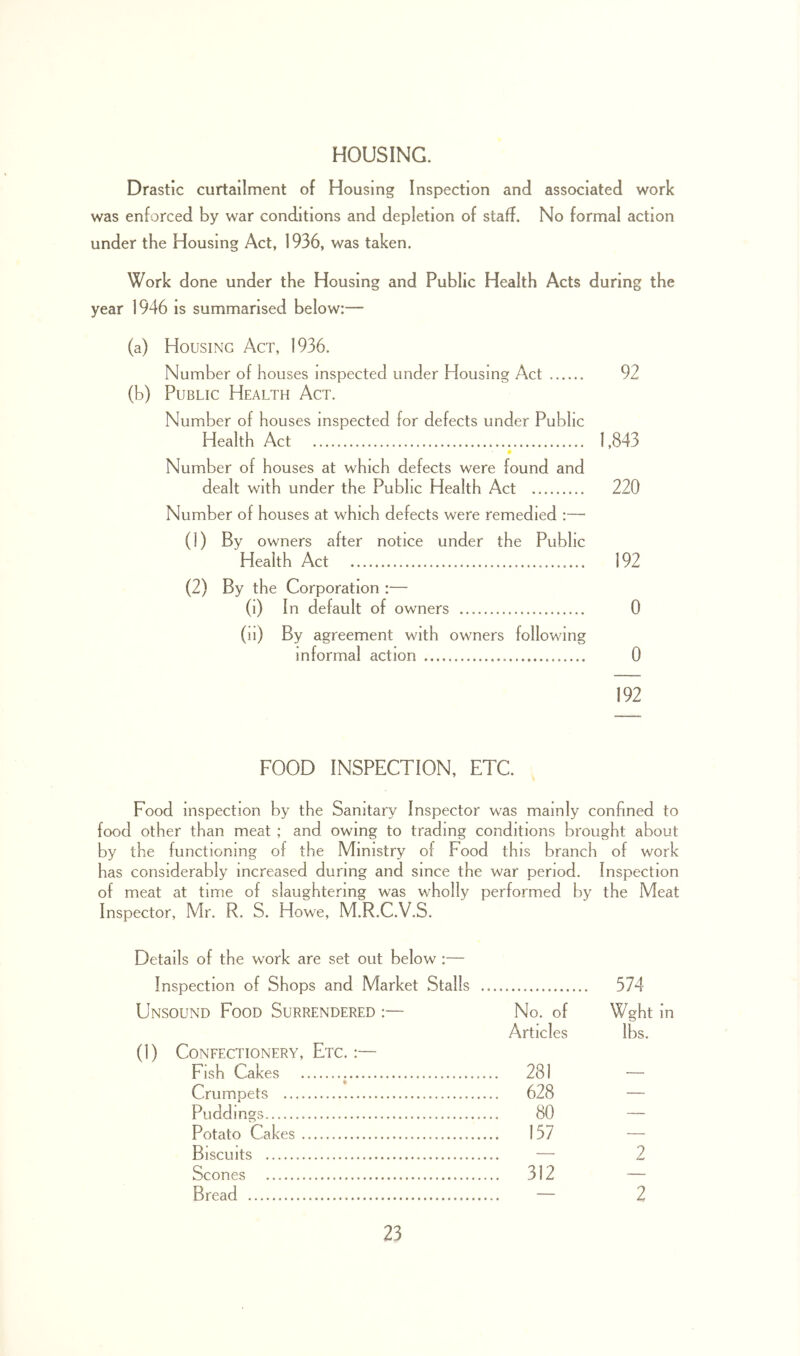 HOUSING. Drastic curtailment of Housing Inspection and associated work was enforced by war conditions and depletion of staff. No formal action under the Housing Act, 1936, was taken. Work done under the Housing and Public Health Acts during the year 1946 is summarised below:— (a) Housing Act, 1936. Number of houses inspected under Housing Act 92 (b) Public Health Act. Number of houses inspected for defects under Public Health Act 1,843 Number of houses at which defects were found and dealt with under the Public Health Act 220 Number of houses at which defects were remedied :— (1) By owners after notice under the Public Health Act 192 (2) By the Corporation :— (i) In default of owners 0 (ii) By agreement with owners following informal action 0 192 FOOD INSPECTION, ETC. Food inspection by the Sanitary Inspector was mainly confined to food other than meat ; and owing to trading conditions brought about by the functioning of the Ministry of Food this branch of work has considerably increased during and since the war period. Inspection of meat at time of slaughtering was wholly performed by the Meat Inspector, Mr. R. S. Howe, M.R.C.V.S. Details of the work are set out below :— Inspection of Shops and Market Stalls 574 Unsound Food Surrendered No. of Wght in Articles lbs. (1) Confectionery, Etc. :— Fish Cakes 281 — Crumpets 628 — Puddings 80 — Potato Cakes 157 — Biscuits — 2 Scones 312 — Bread — 2