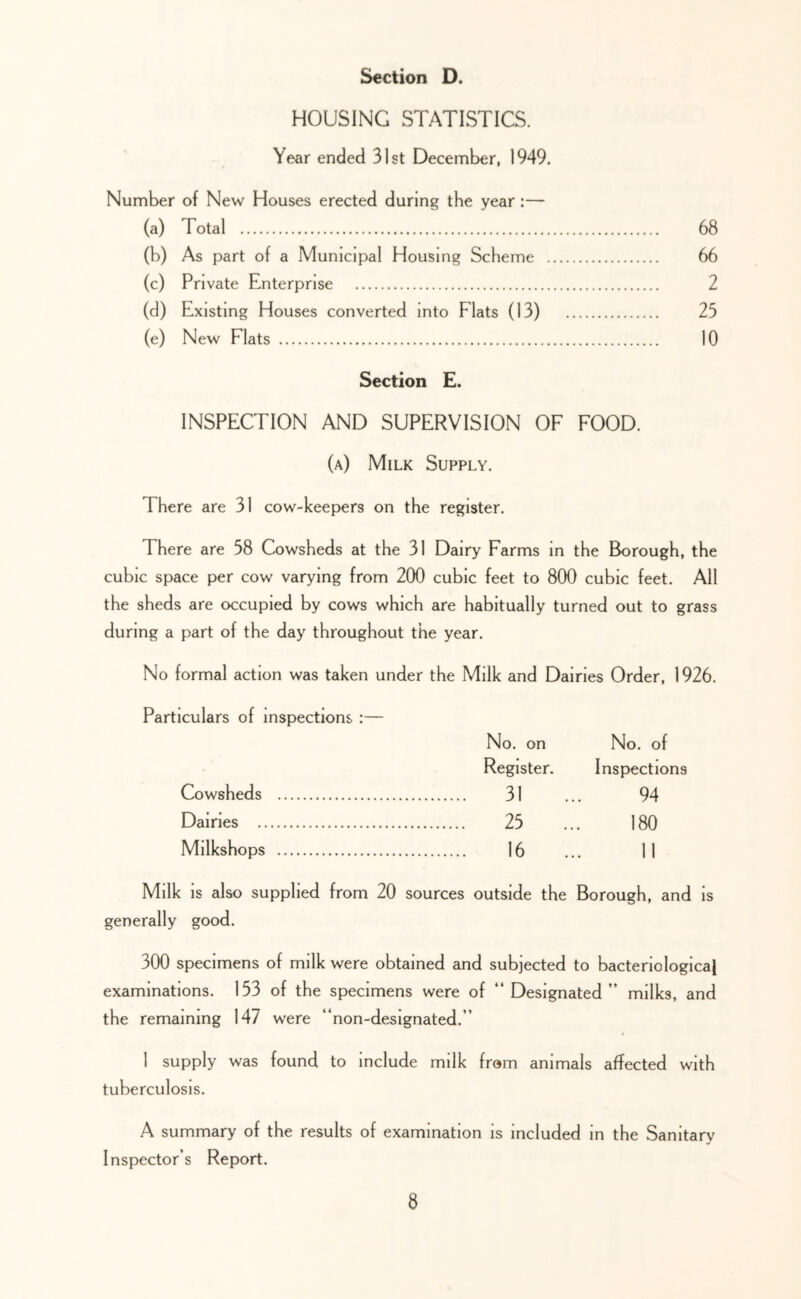 HOUSING STATISTICS. Year ended 31st December, 1949. Number of New Houses erected during the year :— (a) Total 68 (b) As part of a Municipal Housing Scheme 66 (c) Private Enterprise 2 (d) Existing Houses converted into Flats (13) 25 (e) New Flats 10 Section £. INSPECTION AND SUPERVISION OF FOOD. (a) Milk Supply. There are 31 cow-keepers on the register. There are 58 Cowsheds at the 31 Dairy Farms in the Borough, the cubic space per cow varying from 200 cubic feet to 800 cubic feet. All the sheds are occupied by cows which are habitually turned out to grass during a part of the day throughout the year. No formal action was taken under the Milk and Dairies Order, 1926. Particulars of inspections :— No. on No. of Register. Inspections Cowsheds 31 ... 94 Dairies 25 ... 180 Milkshops 16 ... 11 Milk is also supplied from 20 sources outside the Borough, and is generally good. 300 specimens of milk were obtained and subjected to bacteriological examinations. 153 of the specimens were of “Designated” milks, and the remaining 147 were “non-designated.” 1 supply was found to include milk from animals affected with tuberculosis. A summary of the results of examination is included in the Sanitary Inspector’s Report.